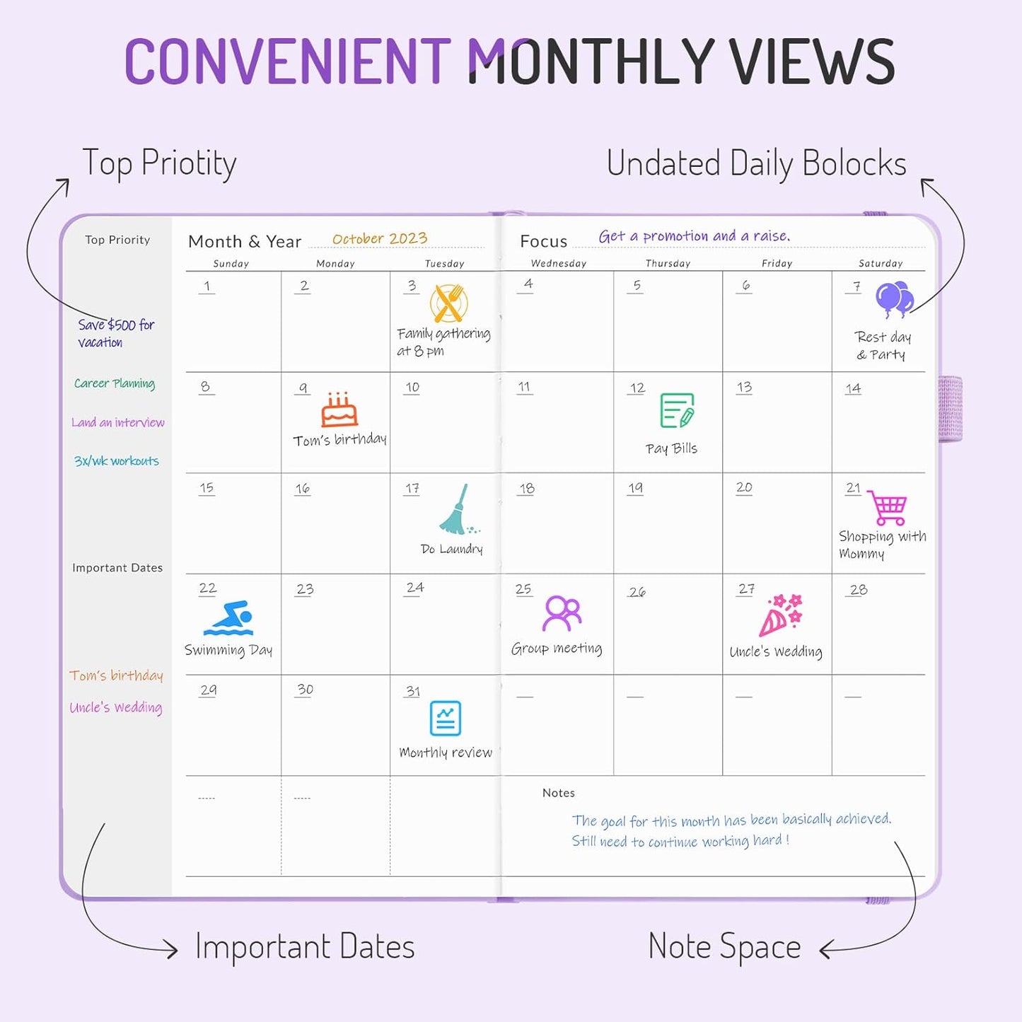 Undated Weekly Planner for 2025, Forvencer Simplified Weekly & Monthly Calendar Planner, Cute Daily Organizer Notebook, Agenda Journal to Track Goals & Tasks, Start Anytime, A5 Size, Navy Blue