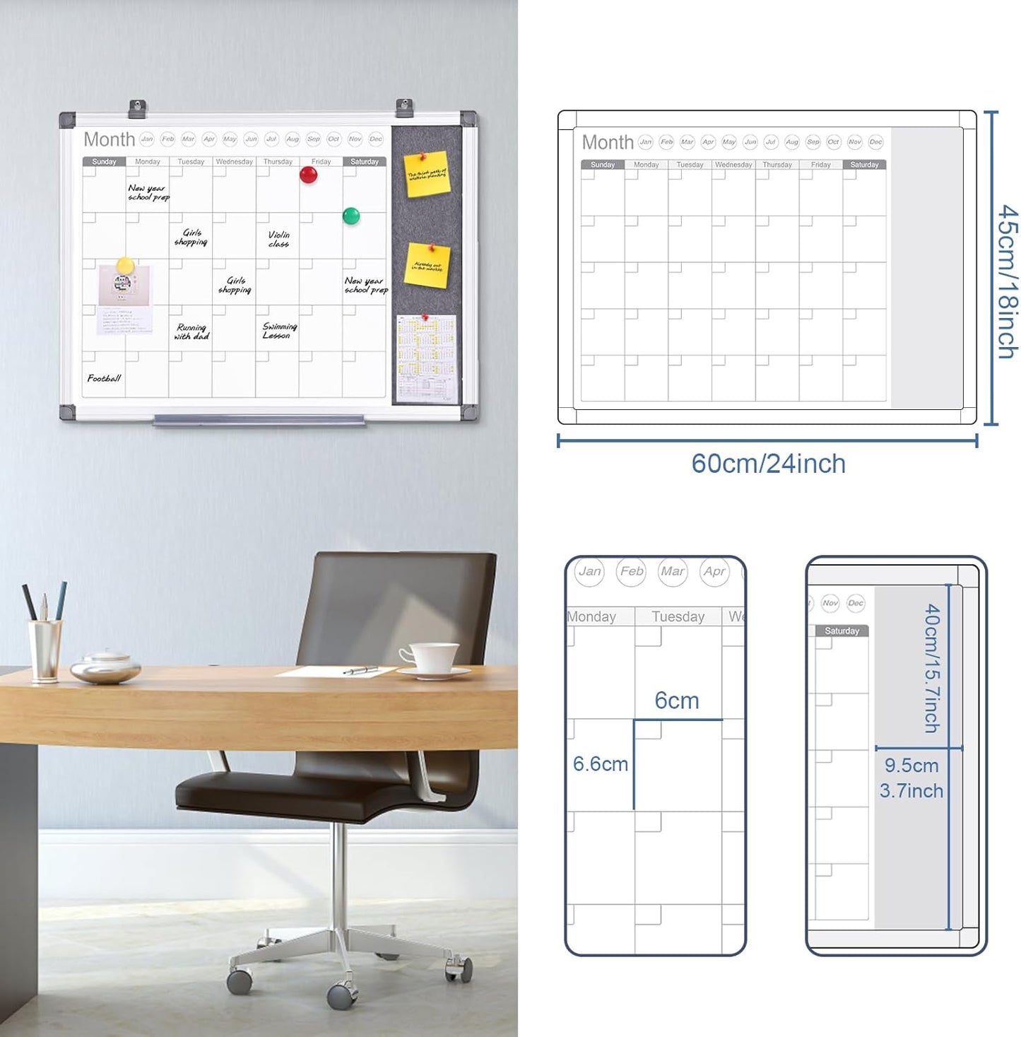 MAKELLO Dry Erase Calendar for Wall 24x18 in, Whiteboard Calendar and Grey Felt Board Combo for Office Home School