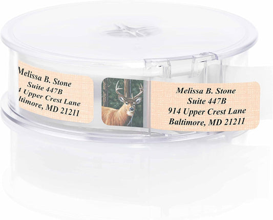 Deer Designer Rolled Address Labels with Elegant Plastic Dispenser