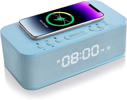 Alarm Clocks Large Snooze Button, Digital Clock USB Charger Port, Bluetooth Speaker Alarm Clock Bedroom AUX USB Bluetooth Speaker Wireless Charging 12/24H Dual Alarms Snooze Dimmer Sleep Timer, Blue