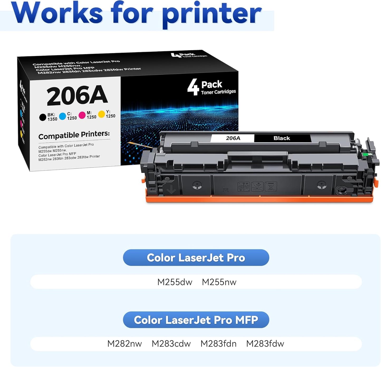 206A Toner Cartridge 4Pack Compatible with HP 206A 206X Toner Set for HP Color Laserjet Pro M255dw M255nw MFP M283fdw M283cdw M282nw M283fdn Ink（Black/Cyan/Yellow/Magenta