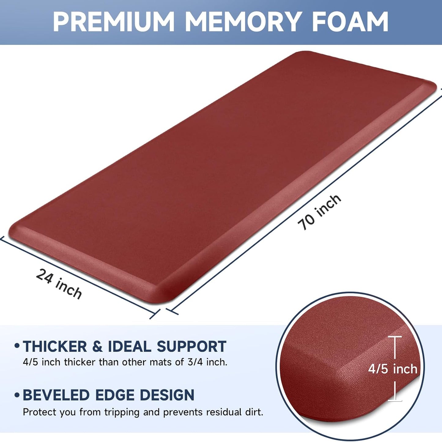 4/5 Inch Thick Kitchen Mats for Floor, StepRite Kitchen Rug for Standing Desk, Non-Slip, Thicker, Stain Resistant, Waterproof, Comfort Anti Fatigue Floor Mat for Home, Kitchen, Office - Red,70 * 24''