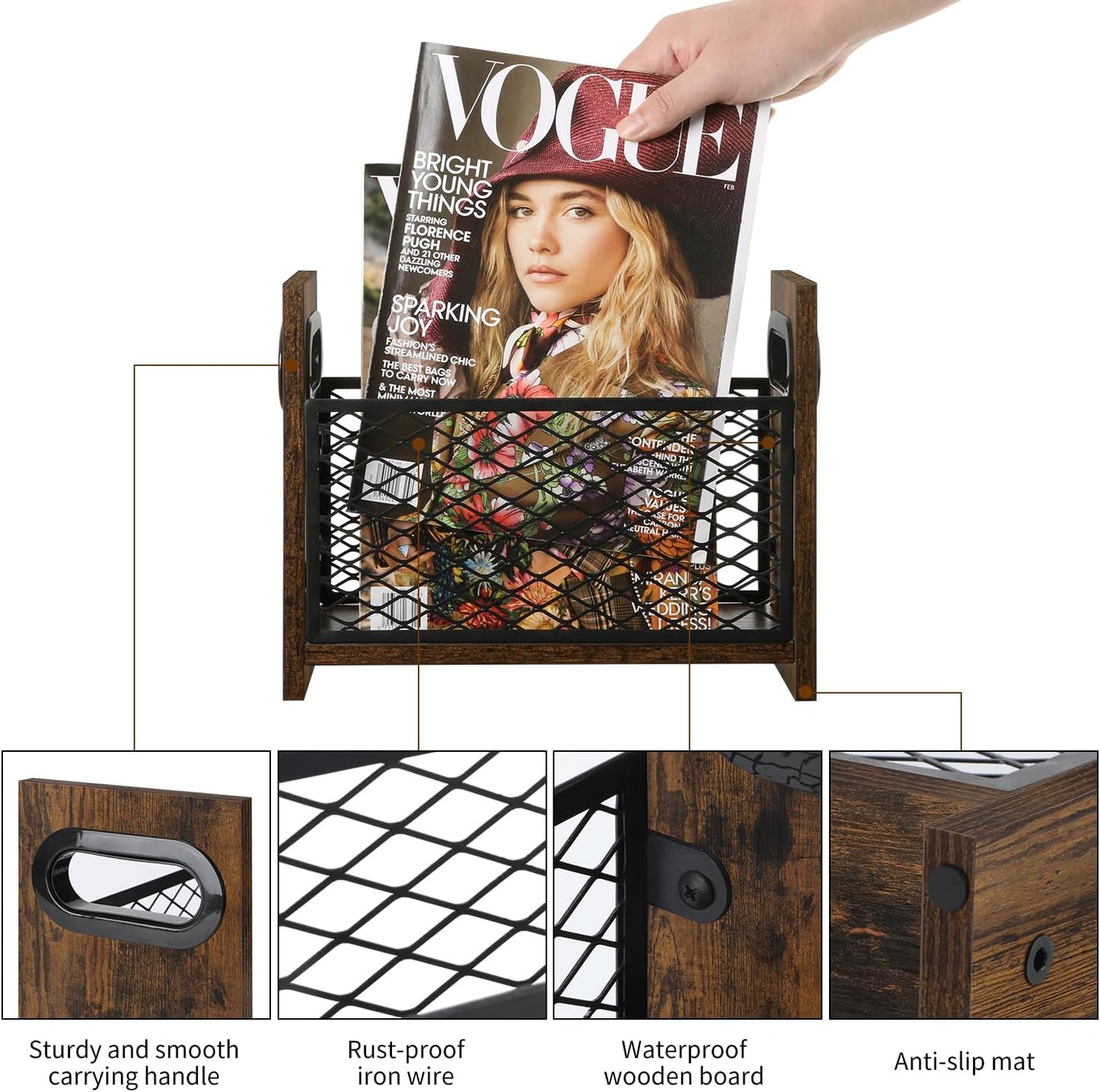 YINMIT Magazine Holder, Magazine Rack for Desktop and Home Office, Farmhouse File Storage Basket for Letters, Magazines, Books, Newspapers (Small)