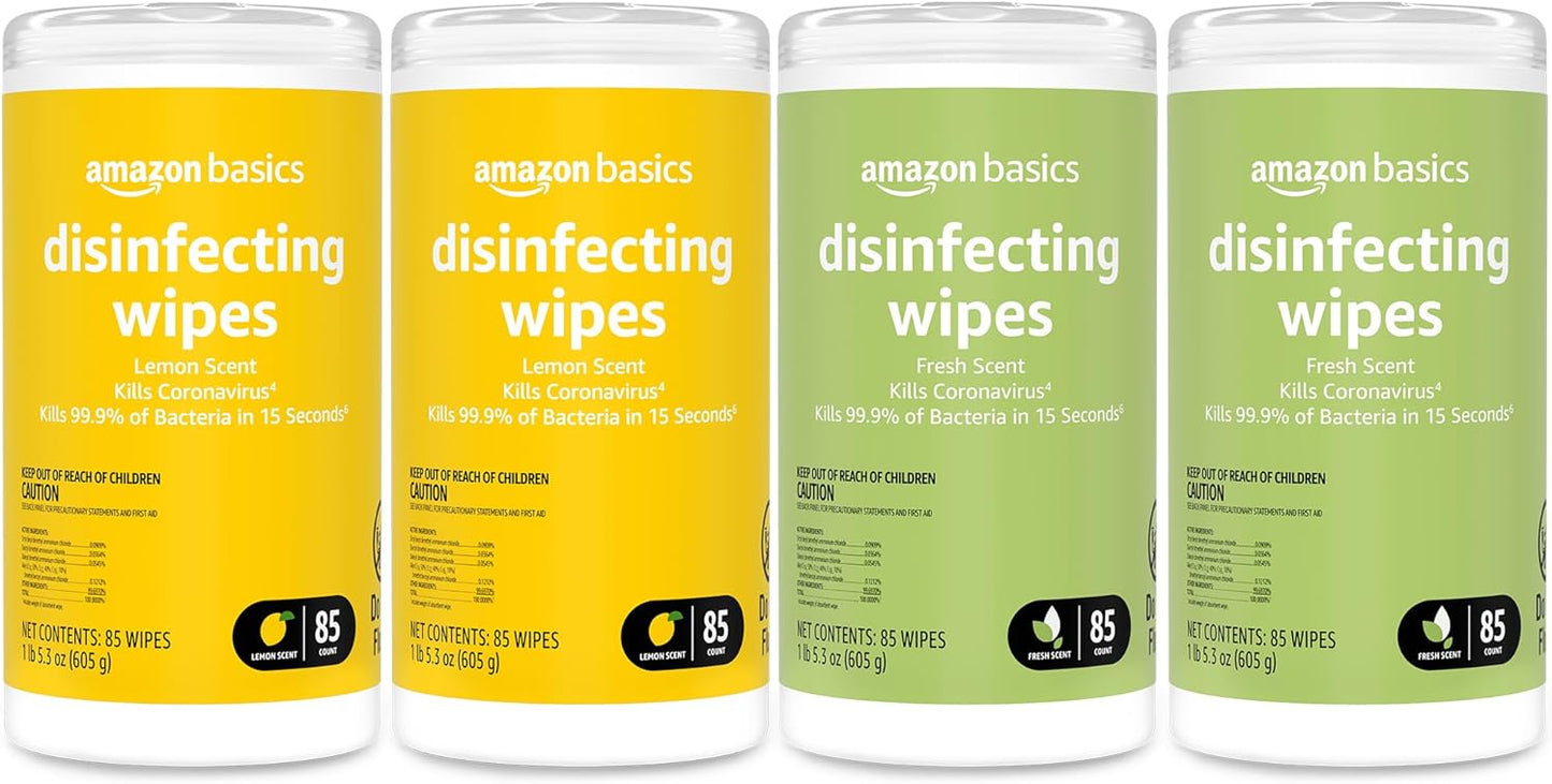 Amazon Basics Wipes, Lemon & Fresh Scent, Sanitizes/Cleans/Deodorizes, 340 Count (4 Packs of 85)
