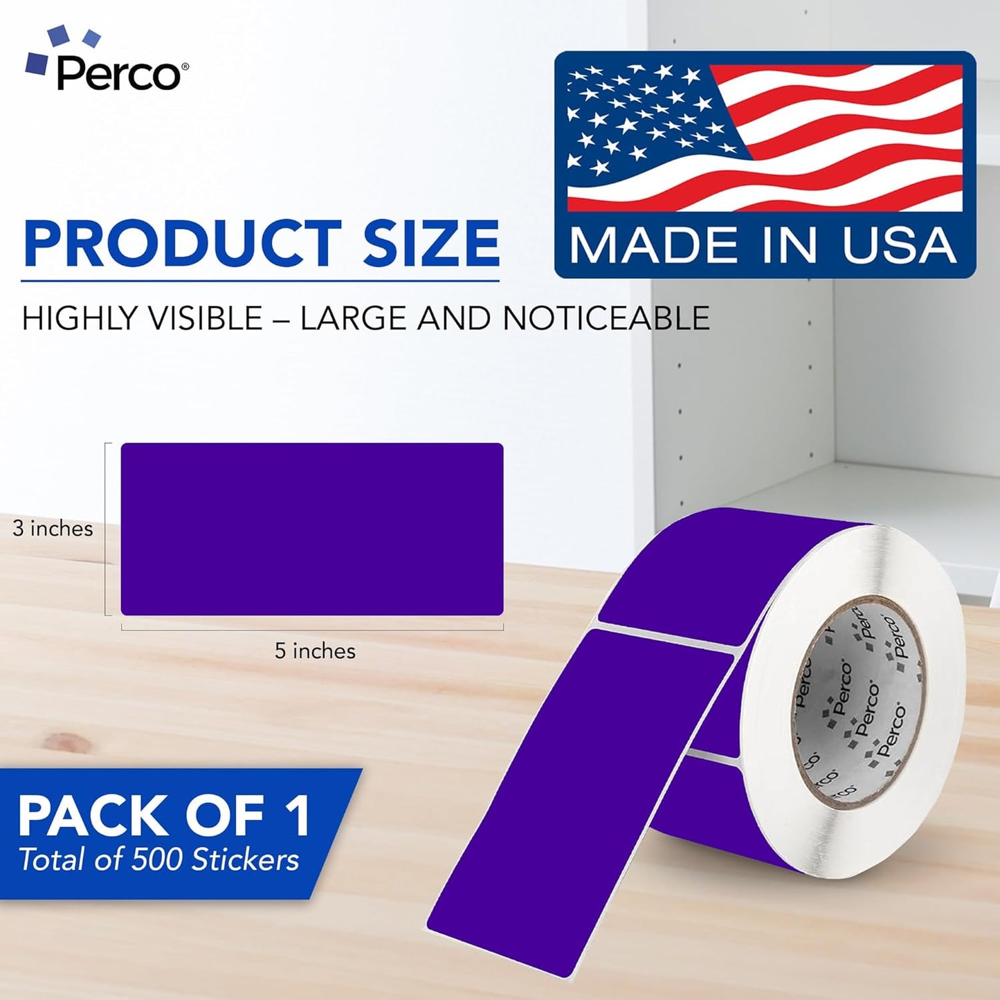Perco Purple Labels 3x5 Inch 500 Stickers/Roll with Easy Peel Perforation and Strong Adhesion for Inventory Management, Color Coding, Moving Boxes, Retail, Organizing & Crafts – Made in USA
