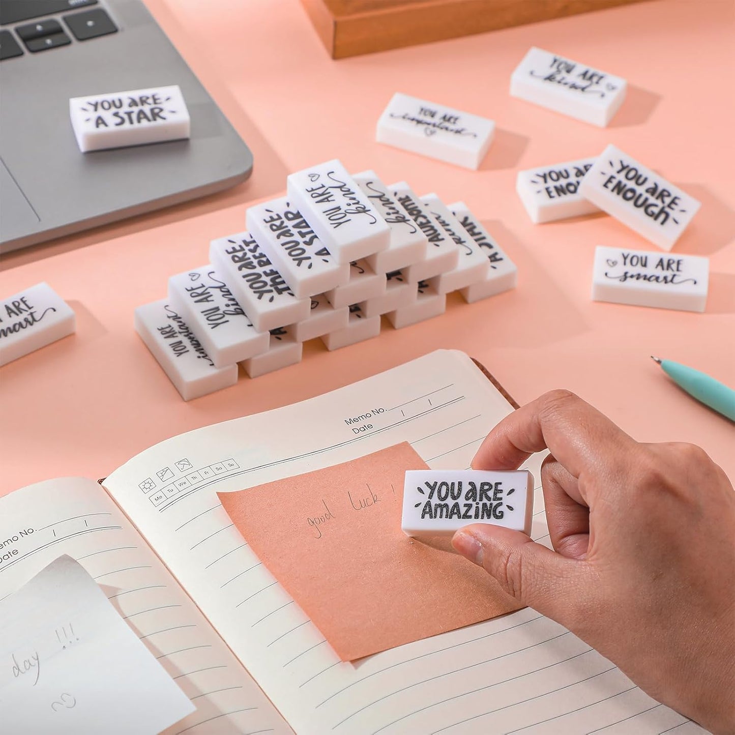 PerKoop 50 Pcs Back to School Inspirational Small Pencil Erasers Bulk for Kids, White Cute Fun Motivational Erasers Gifts for Teachers Students Classroom Reward First Day of School Supplies