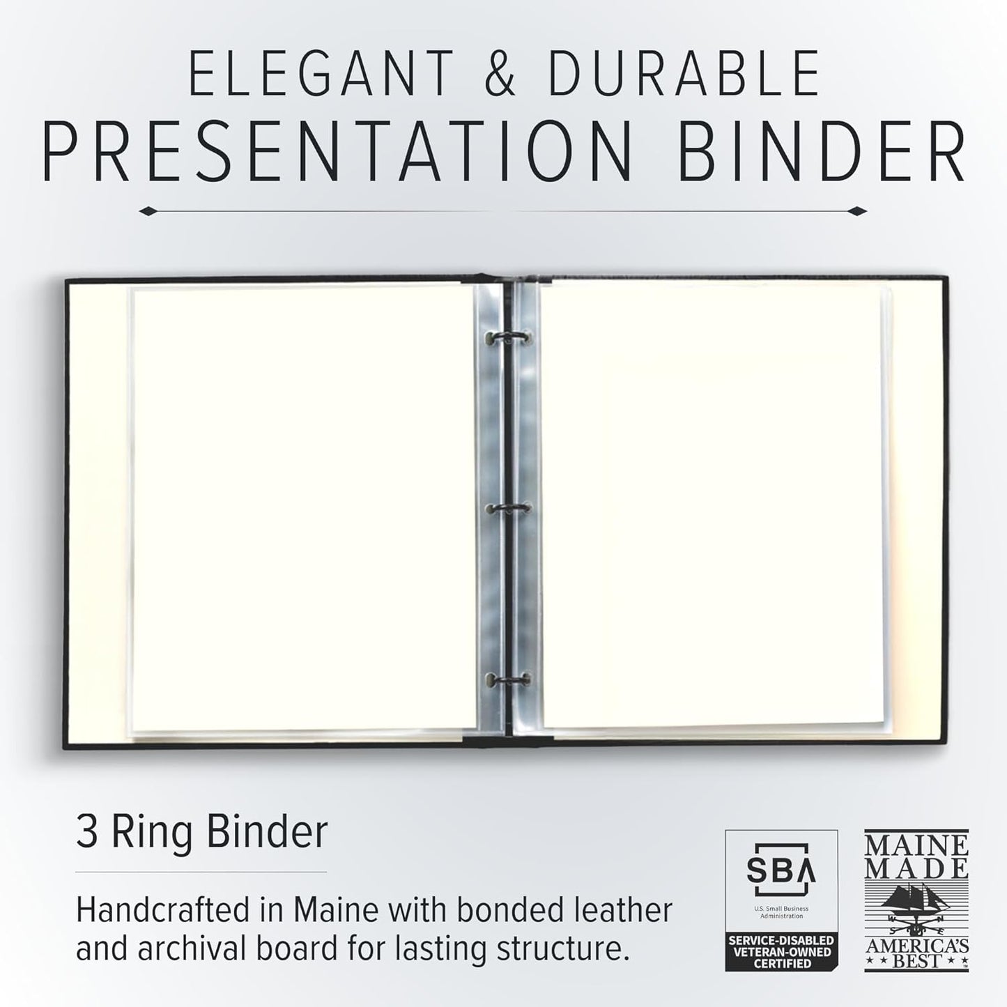 Gallery Leather 3 Ring Binder with Plastic Sleeves, Includes 10 Sheets, Sheet Size: 8.5" x 11" - Presentation Binder Rings with Window and Hubbed Spine, Thick: 1.25" Belfast Black