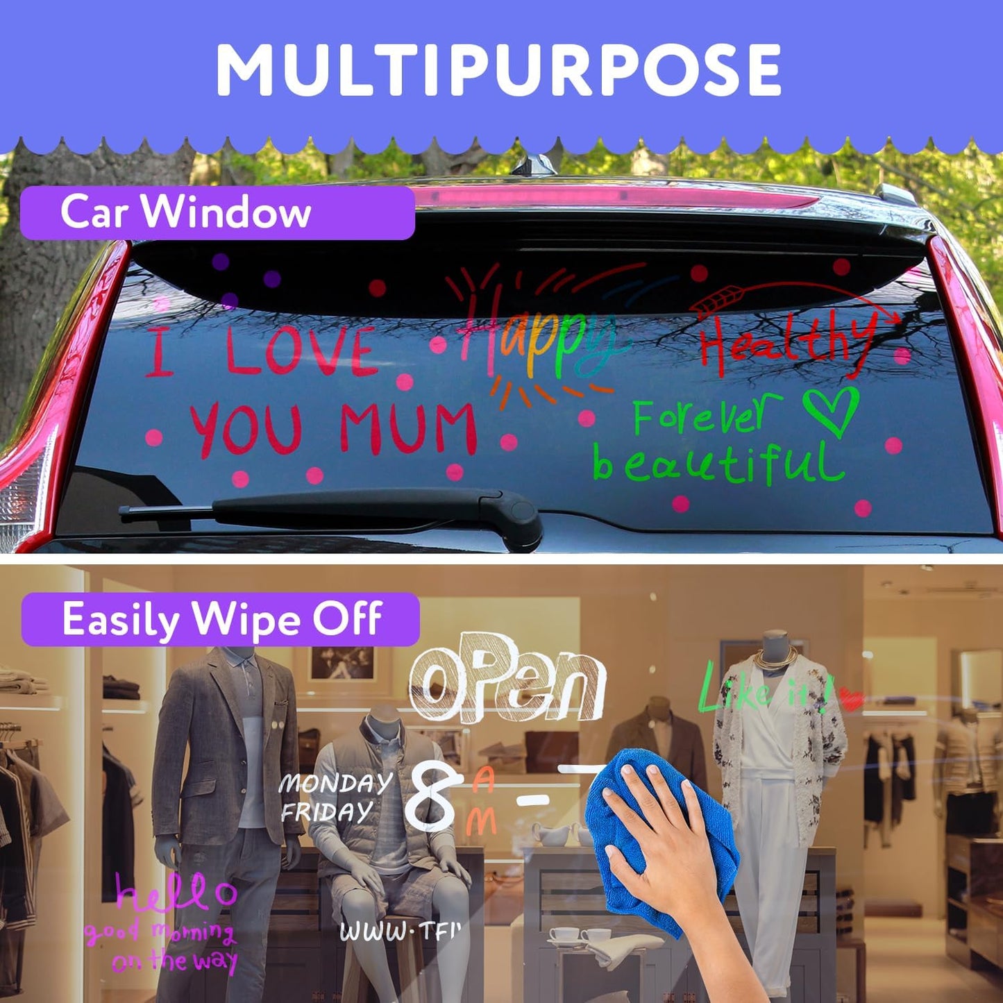 TFIVE Green Liquid Chalk Markers - 2 Pack Bright Colors Erasable Chalk Marker Pens, Reversible Tip, Non-Toxic, for Chalkboards, Signs, Glass, Easy to use Chalk markers TF800