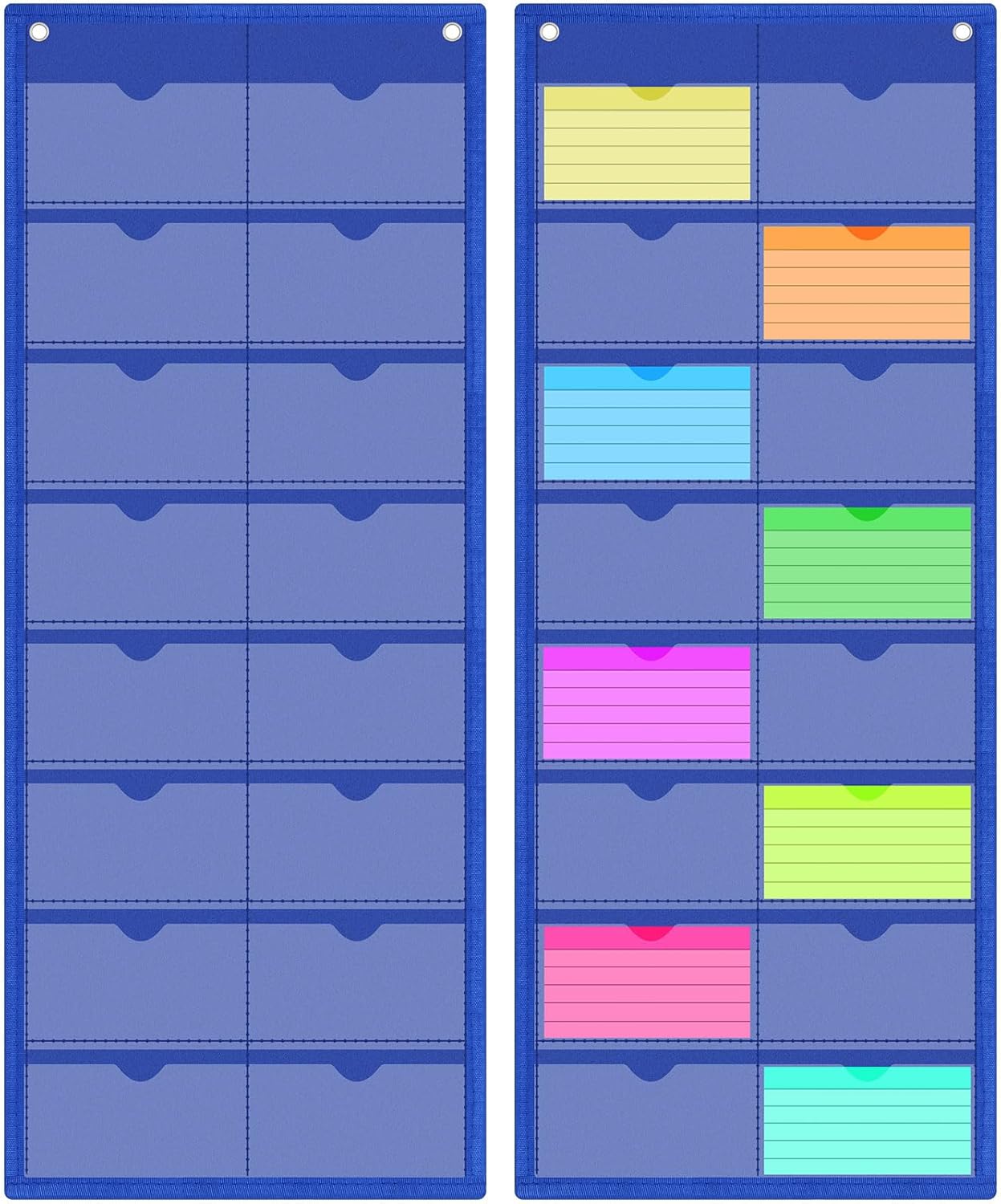 2 Pack 3'' x 5'' Index Card Holder Sleeve 16 Slot Plastic Organizer Hanging Wall Mount Business Note Cardholder PVC Clear Organizer Pocket for Classroom Office Library Home (Blue)