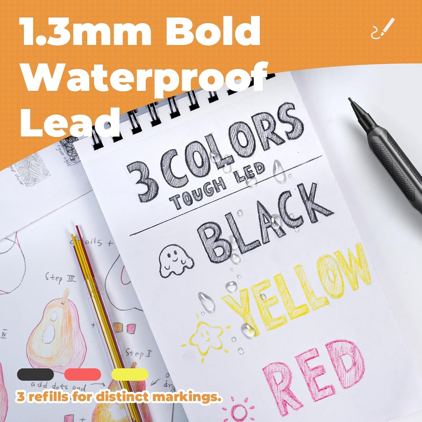 Nicpro 1.3mm Weatherproof Mechanical Pencil Set, HD1000 Metal Mechanical Pencils Heavy Duty Pencil for Outdoor All Weather Marking Drafting Drawing with 25 Lead Refills, Erasers, Case (Black)