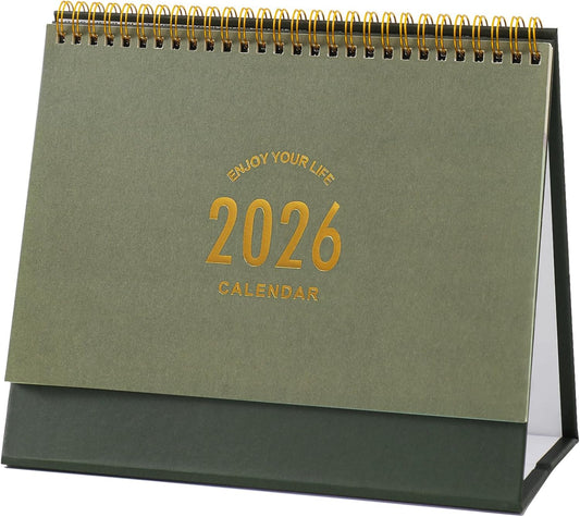 Desk Calendar 2025-2026, Standing Flip Desktop Calendar from July 2025 to December 2026 - Metal Ring Twin-Wire Binding 18 Months Medium Desk Calendar for Home Office School (L-Green)