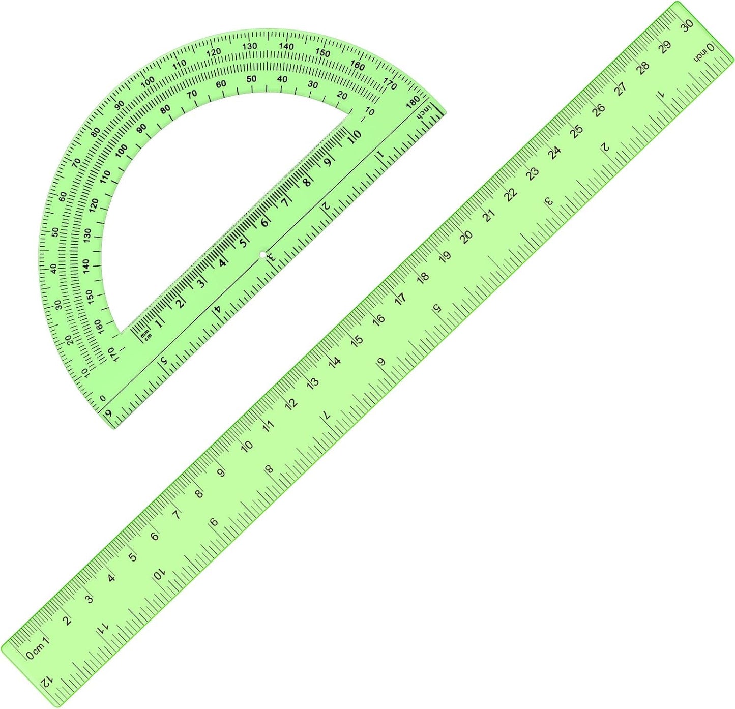 Zonon 2 Pack 12'' Plastic Ruler and 6'' Plastic Protractor Set Clear Ruler Protractor Set Math Geometry Supplies for School Classroom Home Office Drawing(Green)