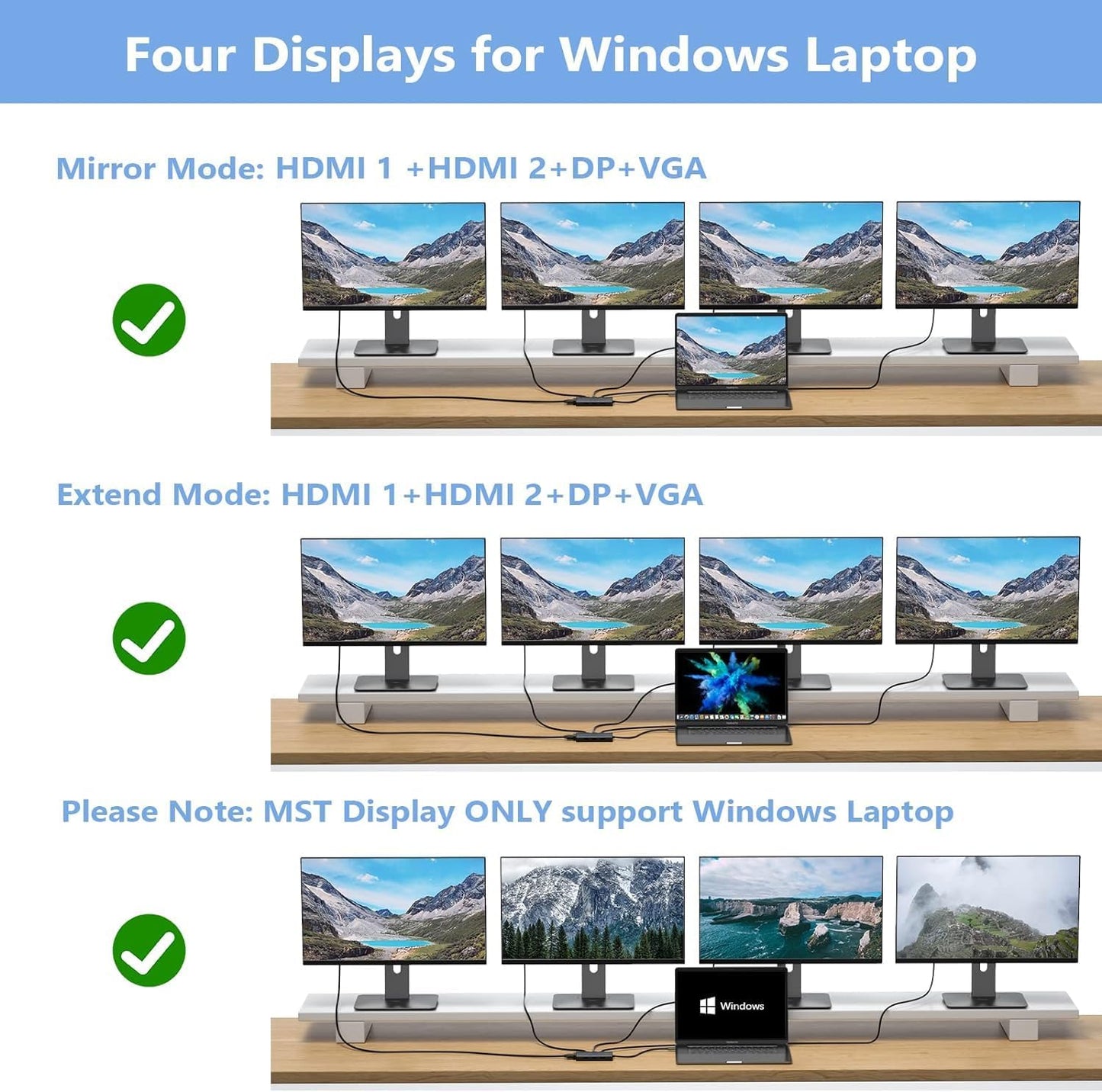 USB C Docking Station Dual Monitor Adapter for Dell HP, Laptop Docking Station 3 Monitors Quadruple Display USB C Hub Dongle to 4K HDMI+DisplayPort+VGA,3 USB2.0,100W PD, 8 in 1 Thunderbolt Dock