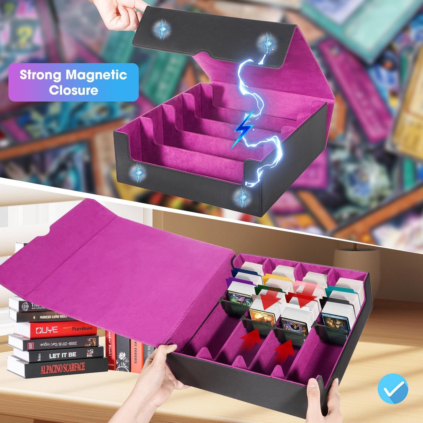 3000+Trading Card Storage Box, PU Leather Organizer Case With 24 Dividers, Magnetic Closure, 4 Supporters, For Game Sports Card,Purple