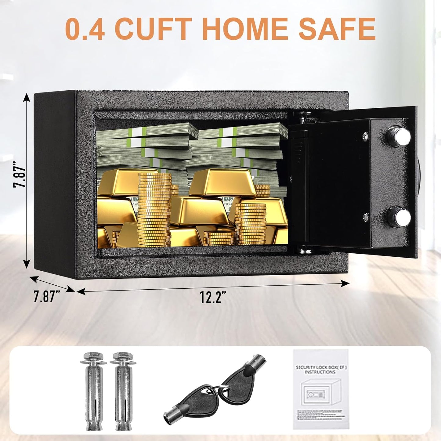 Tenamic Safe Box 0.4 Cuft Fireproof, Waterproof, Keypad Small Cabinet Lock Box, Solid Alloy Steel Office Hotel Home Mini Safe, Black