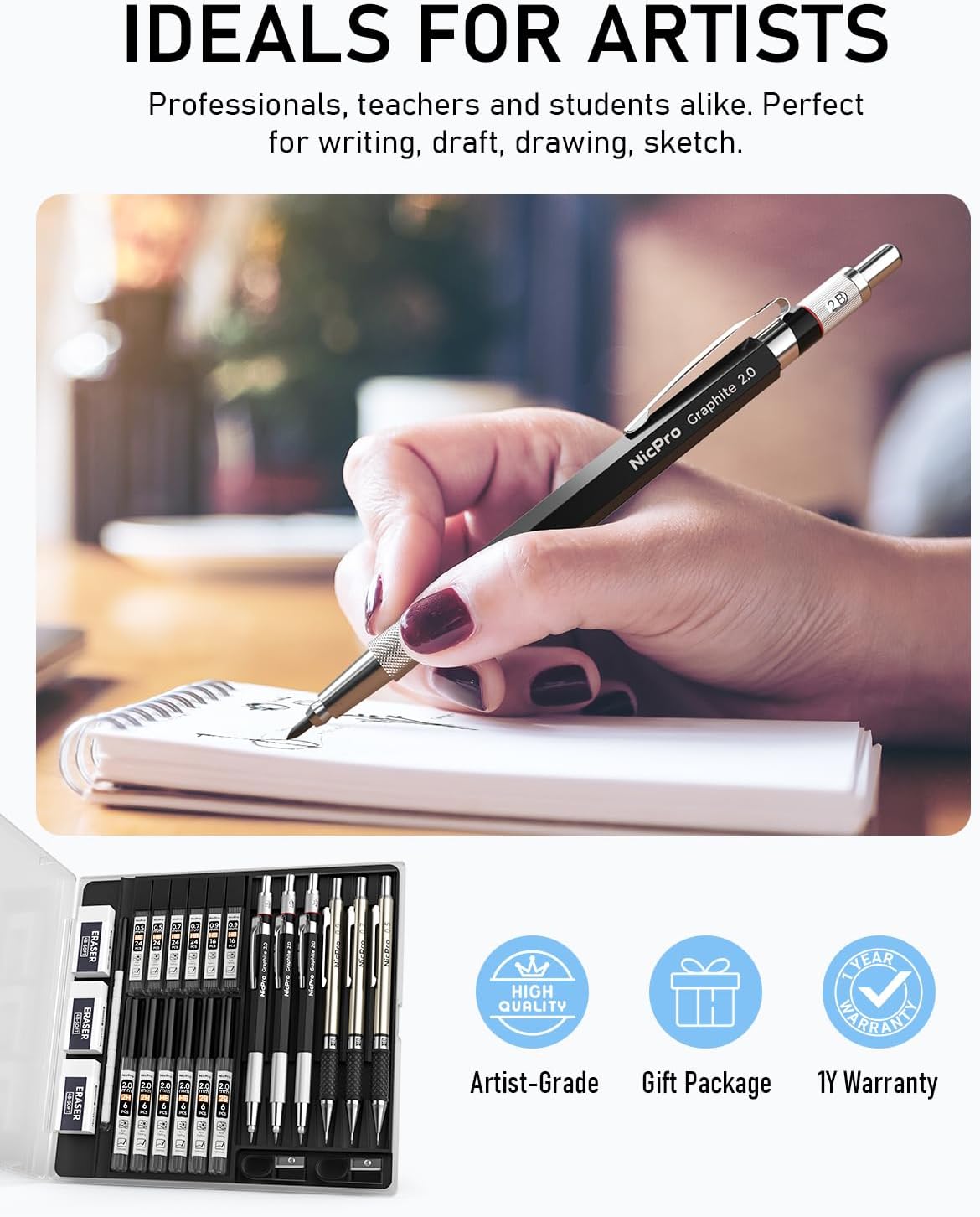 Nicpro 6PCS Art Mechanical Pencil Set, 3PCS Metal Drafting Pencil 0.5 mm & 0.7 mm & 0.9 mm & 3PCS 2mm Graphite Lead Holder (2B HB 2H) For Writing, Sketching Drawing With Lead Refills Case