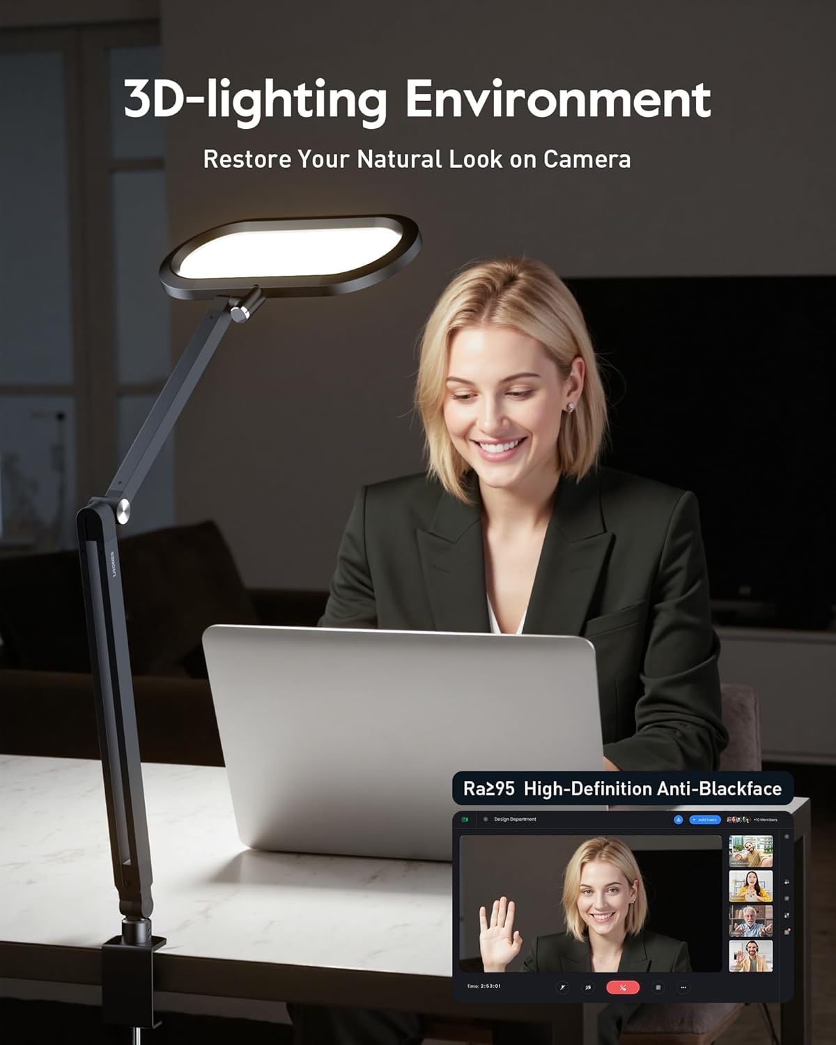 Desk Lamp for Home Office, Eye-Care Dual-Sided Seamless Dimmable LED Desk Light with Knob Remote, Adjustable Arm Clamp Computer Lighting for Video Conference Recording, Zoom Call, Task, Stream