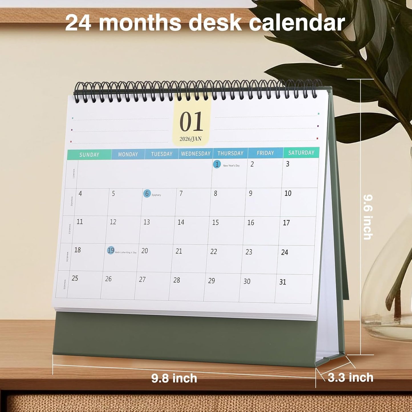 Desk Calendar 2026-2027, 2 Years Calendar Runs from Jan. 2026 until Dec 2027, Table Monthly Planner with Stickers for Home,Office,School Organization(L-White+Green,9.8" x 9.6")