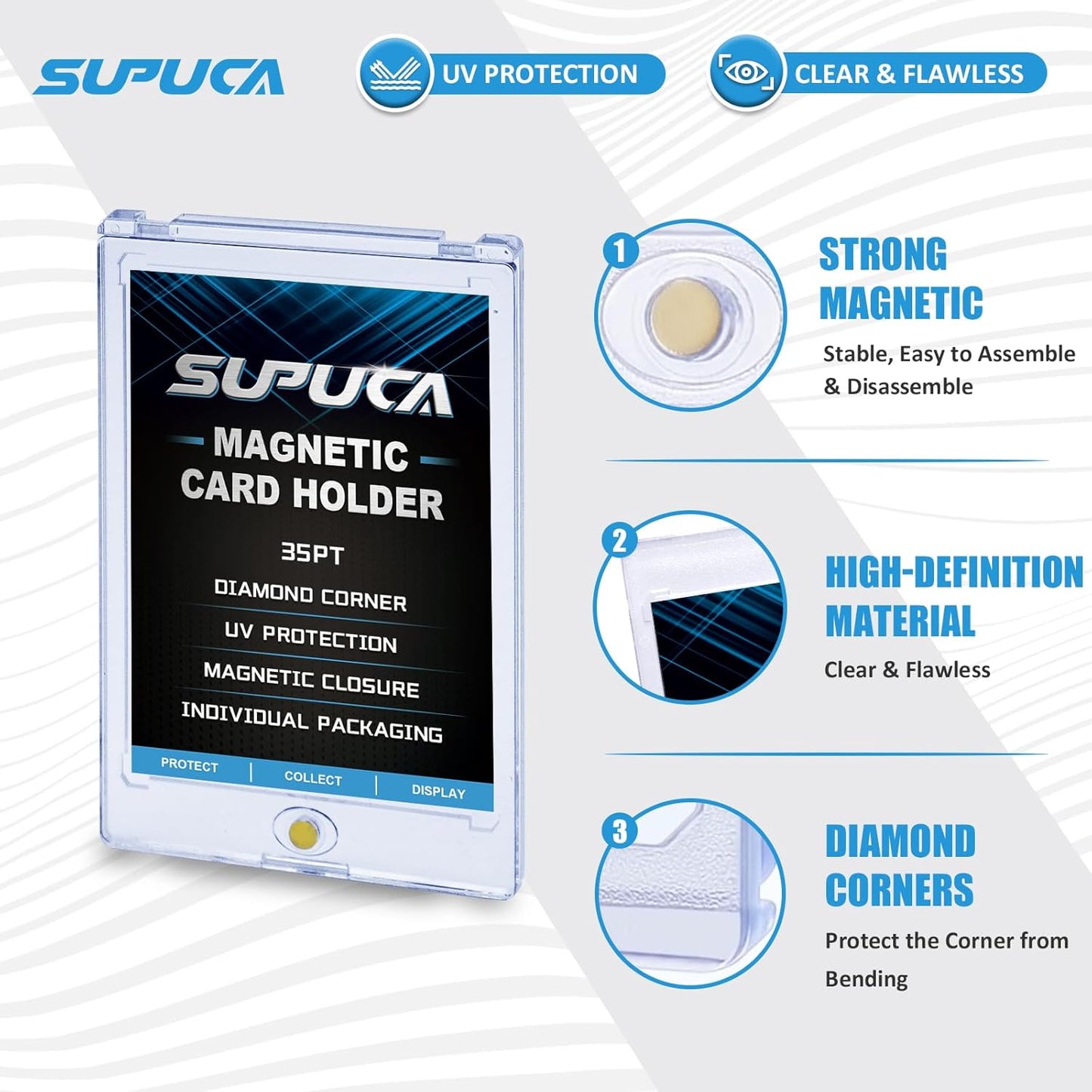 50ct Magnetic Card Holder 35PT, One Touch Card Holder for Trading Card, Card Protectors Hard Plastic, Card Sleeves Display Case for Baseball Card Sports Cards