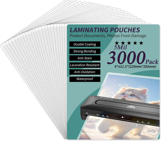 Laminating Sheets - 5Mil Thermal Laminating Pouches, 9"x11.5" Clear Laminate Sheets for Schedules, Menus, Certificates, Art Drawings, Round Corner, 3000 Pack