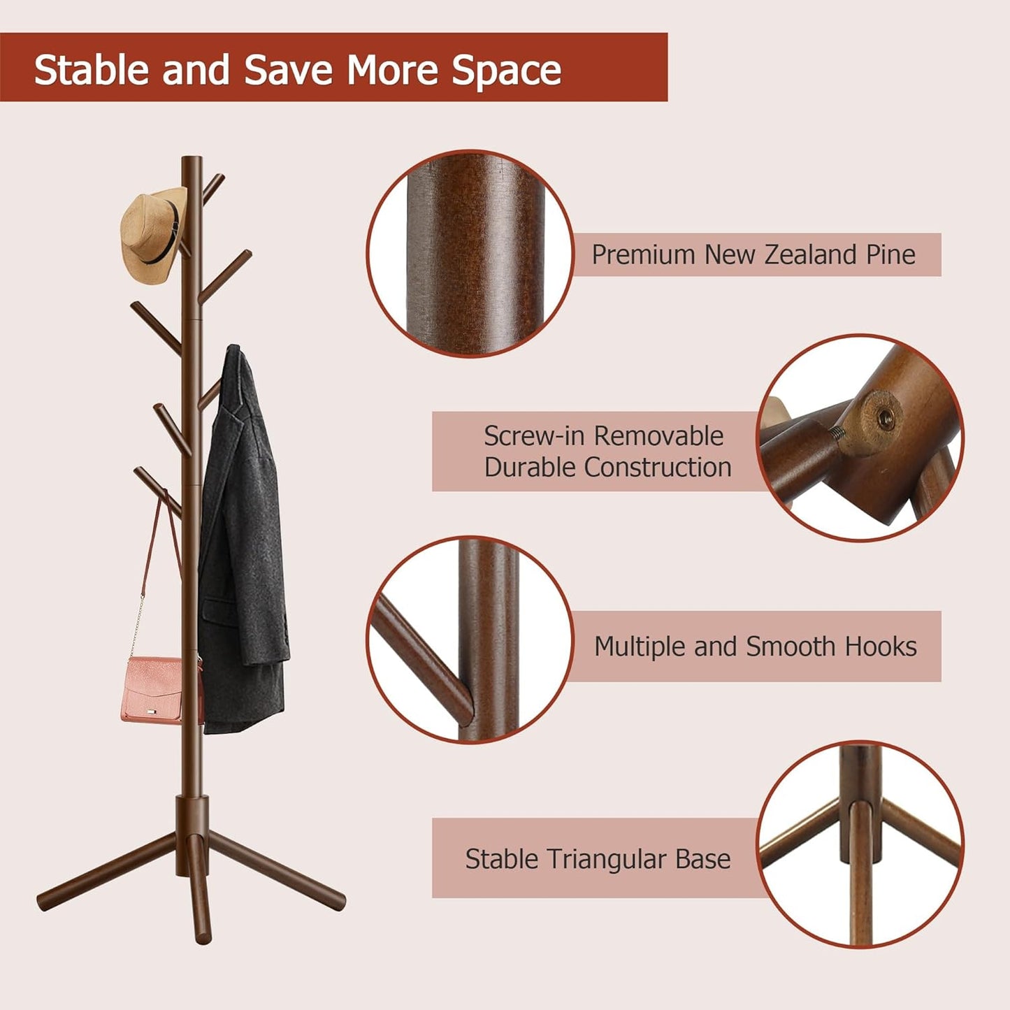 Wooden Coat Rack, Free Standing Coat Rack with 8 Hooks 3 Adjustable Heights for Clothes, Hats, Handbags, Coat Tree Easy Assembly for Entryway, Bedroom, Hallway, Office (New Brown)