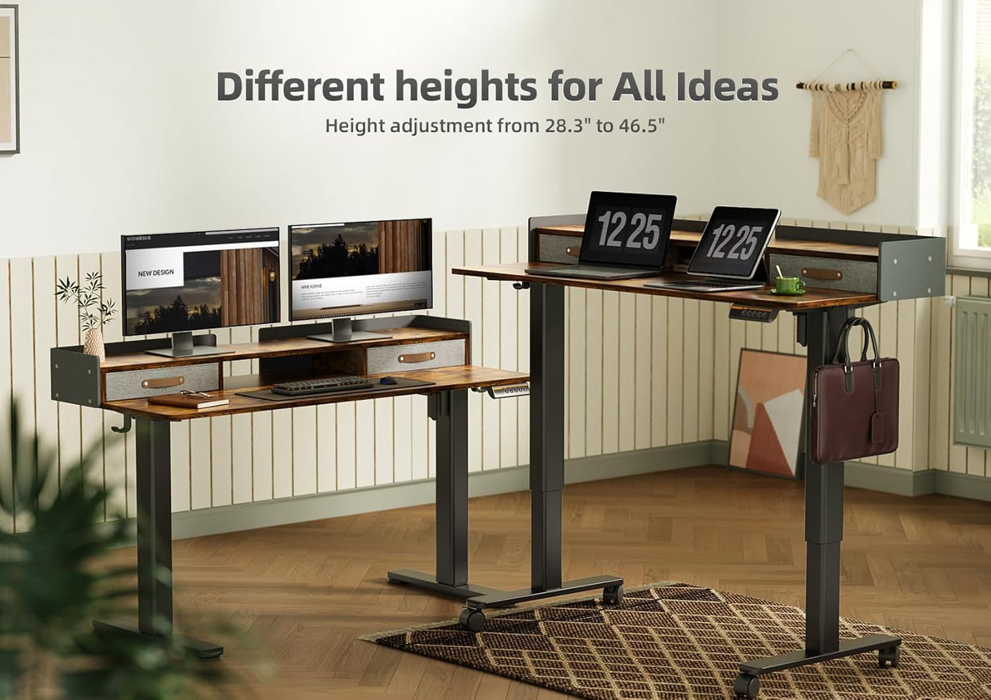 YDN Rustic Brown 2-Tier Adjustable Electric Standing Desk, 48 inch, Modern Design with 2 Drawers, Felt Fence, Hook, for Office