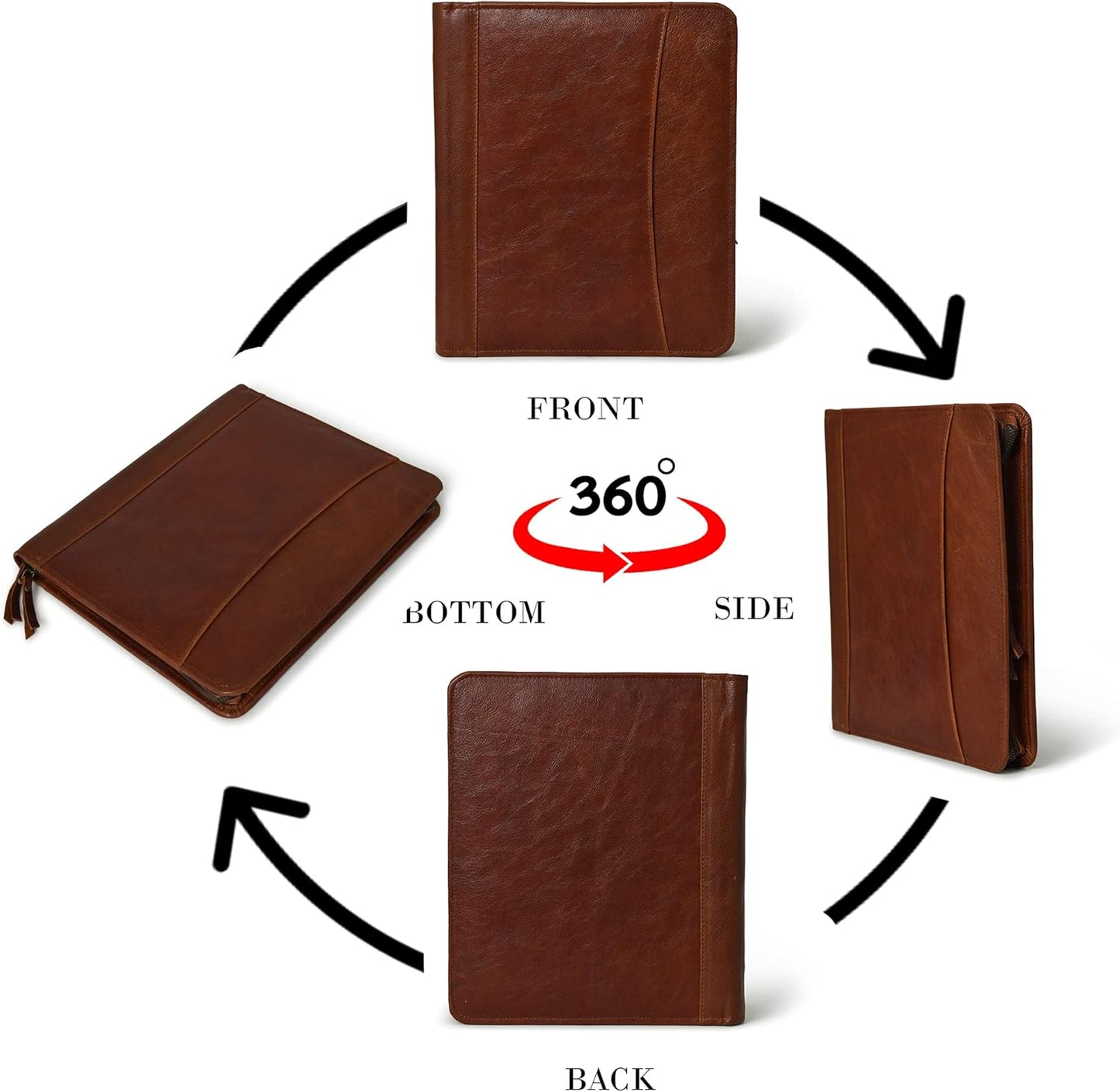Full Grain Leather Business Portfolio Padfolio Document Organizer with Writing Pad Resume Professional Interview Zipper Writing Notepad Folder for Women Men Cognac