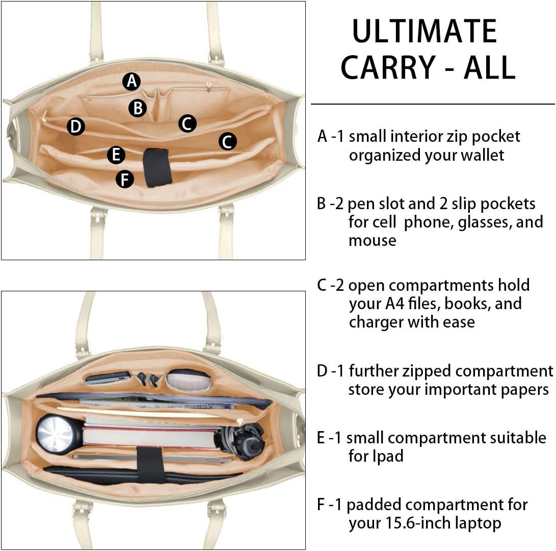 Laptop Bag for Women Waterproof Lightweight Leather 15.6 Inch Computer Tote Bag Business Office Briefcase Large Capacity Handbag Shoulder Bag Professional Office Work Bag Beige