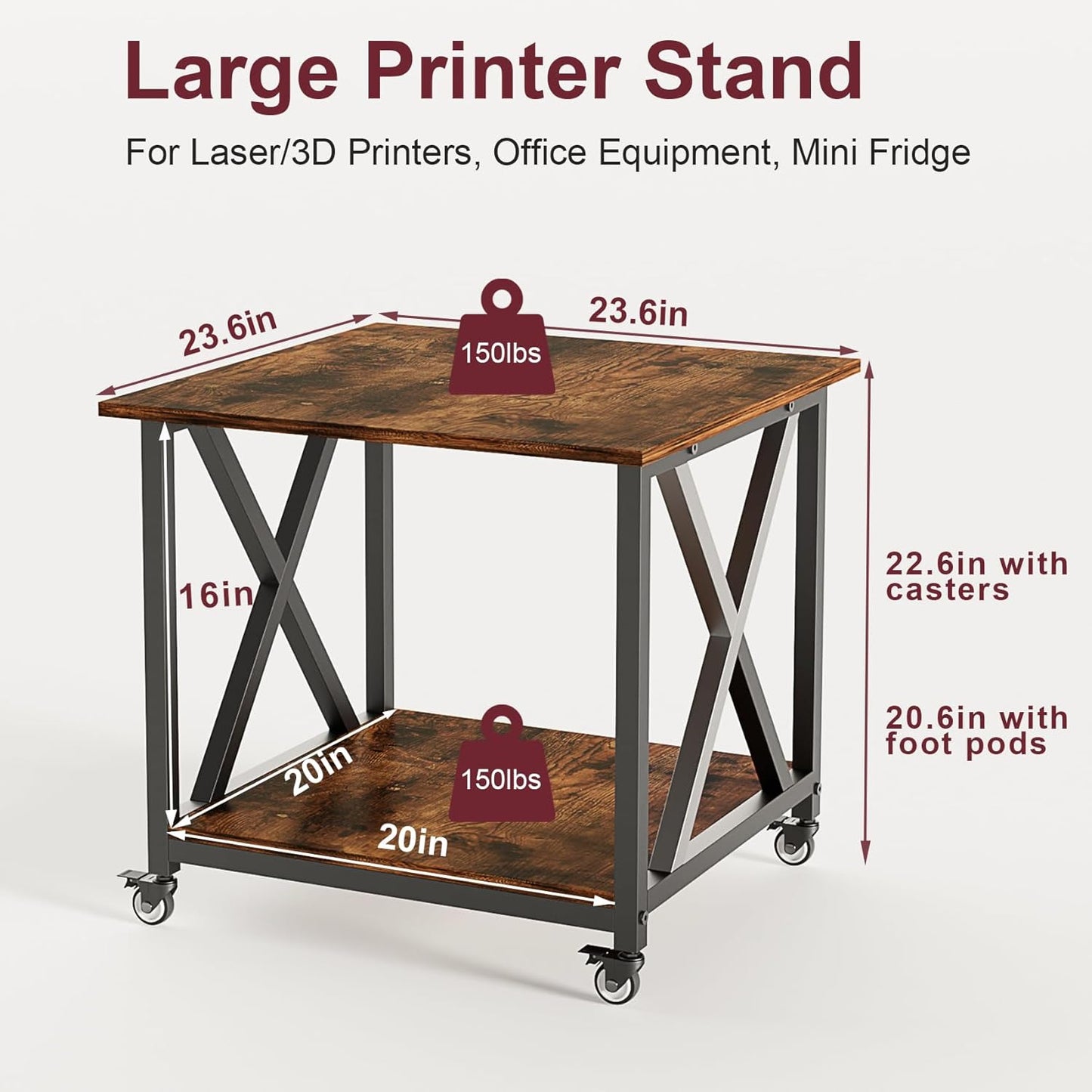 2-Tier Large Printer Stand with Storage Shelf, 23.6 x 23.6 Inches Printer Table, 2-Tier Rolling Cart with Industrial Wheels for Home Office, Mini Fridge, Laser, 3D Printer (Rustic Brown)