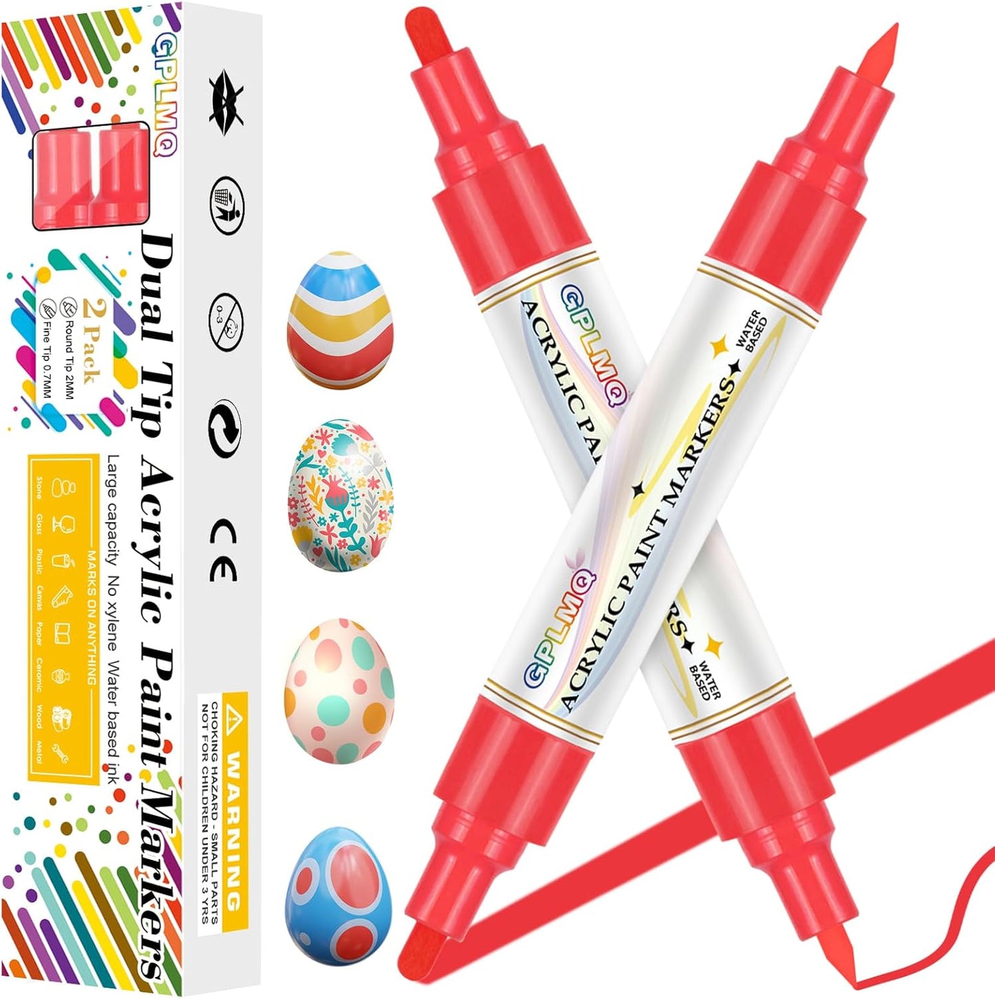 Paint Markers Paint Pens - 2 Pack Dual Tip Acrylic Permanent Marker (0.7mm & 3mm), Non-Toxic, Water-Based for Art Painting, Stone, Ceramic, Glass, Wood, Fabric, Metal, DIY Crafts (Red)