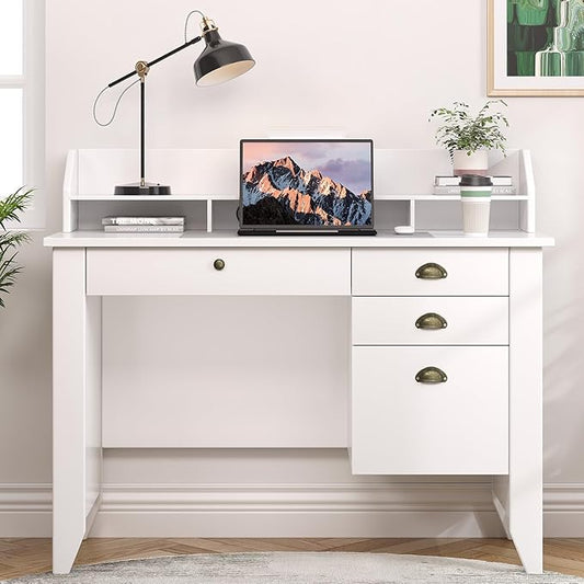 4 EVER WINNER White Desk with Drawers, Small Desk with File Drawer for Small Spaces, Writing Desk with Monitor Stand Wood Table for Home Office, White