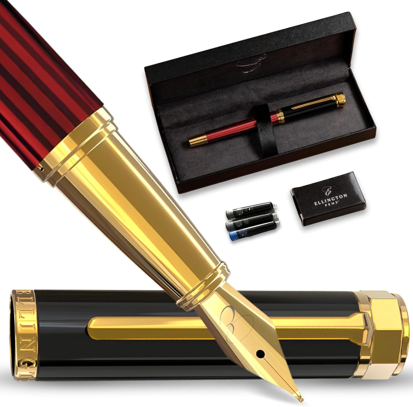 Luxury Fountain Pen Set- Fountain Pens for Writing - Smooth Medium Nib - Includes Refillable Ink Converter, 3 Ink Cartridges [Black & Blue], Gift Box - Elegant Calligraphy