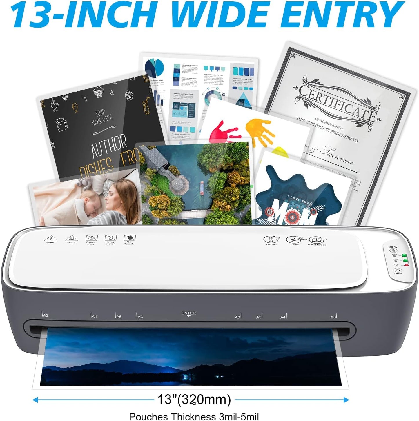 Laminator Machine 13-Inch Thermal Lamination with Laminating Sheets 9 in1 Office Desktop Laminate Machine, Portable A3 Laminater for Teachers Personal 60S Warm-Up Never Jam