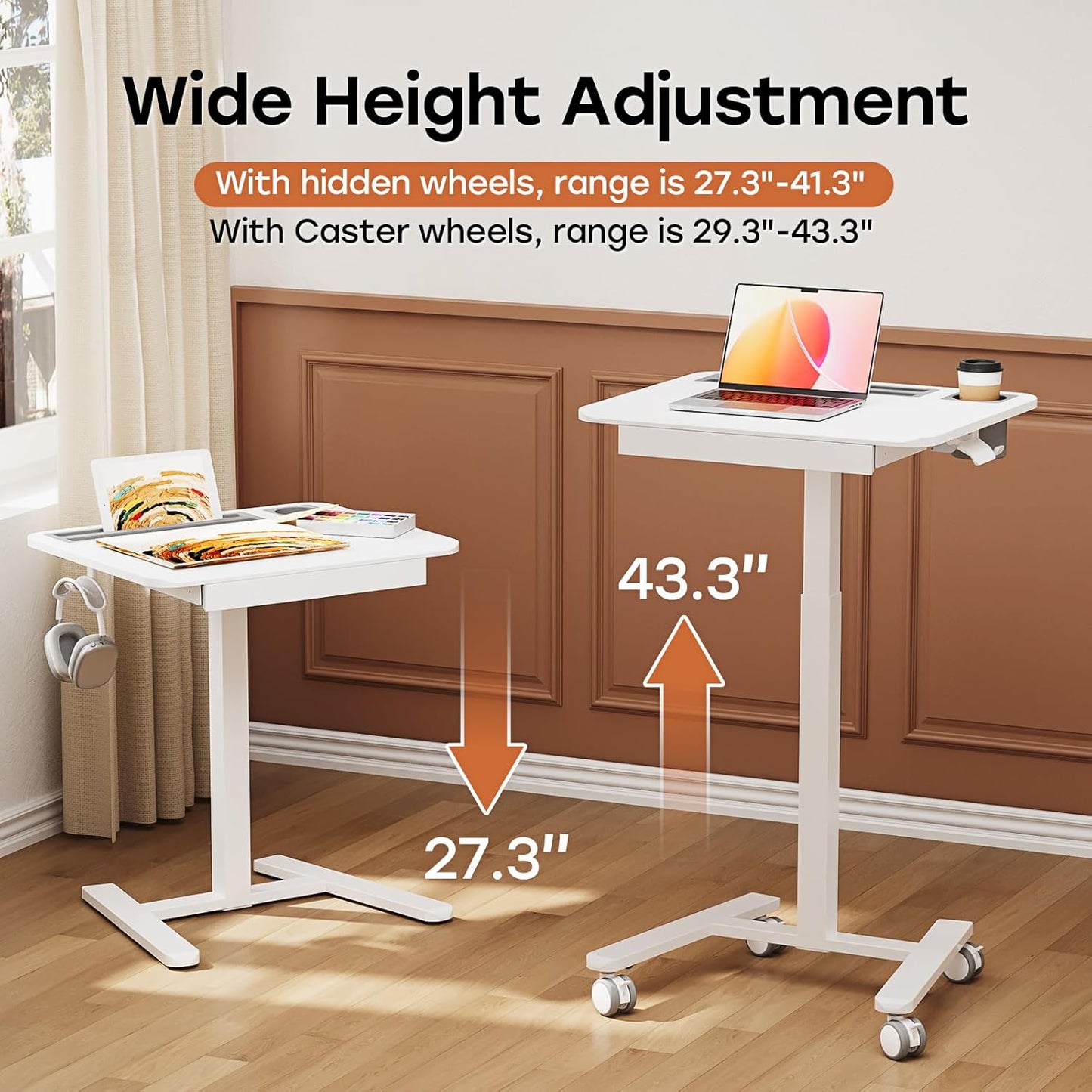 Mobile Small Standing Desk with Drawer, 23.6"x19.7" Rolling Laptop Cart on Wheels, Height Adjustable Sit Stand Computer Workstation with Storage for Compact Space, White