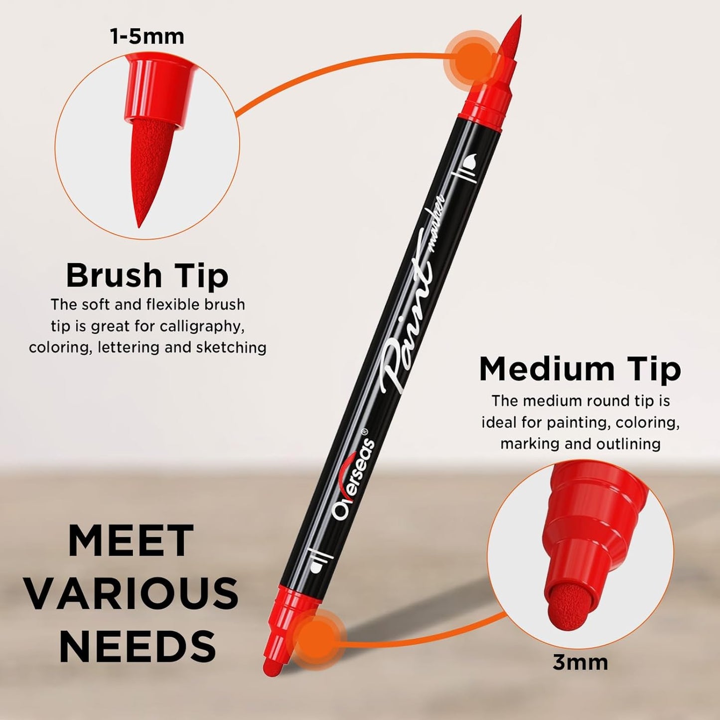 Overseas Red Acrylic Paint Markers, 6 Pack Dual Tip Paint Pens Acrylic Markers - Dot and Brush Tip Coloring Marker for Wood, Rock, Canvas, Glass, Metal, Plastic, Rubber, Fabric, School Supplies