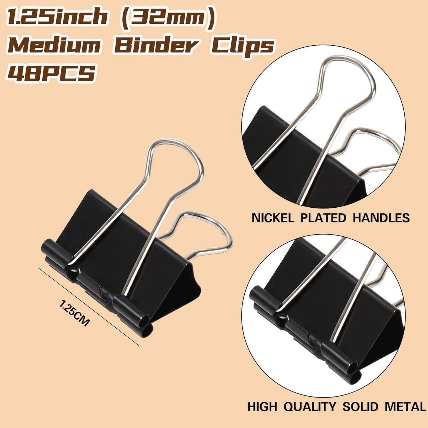Binder Clips,Qimailer Medium Clips,48 Pcs,1.25 Inch,Black Metal Binder Clips and Paper Clips for Office, Home, School