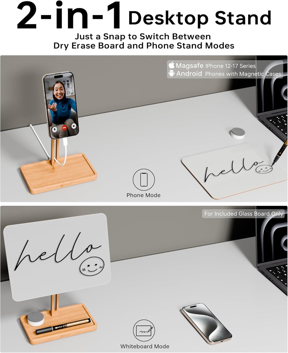 YEOUX Premium Desktop Glass Whiteboard & Magnetic Phone Stand 2-in-1 | 360° Adjustable | Solid Wood | MagSafe Compatible, Small Dry Erase Board for Office Home Desk