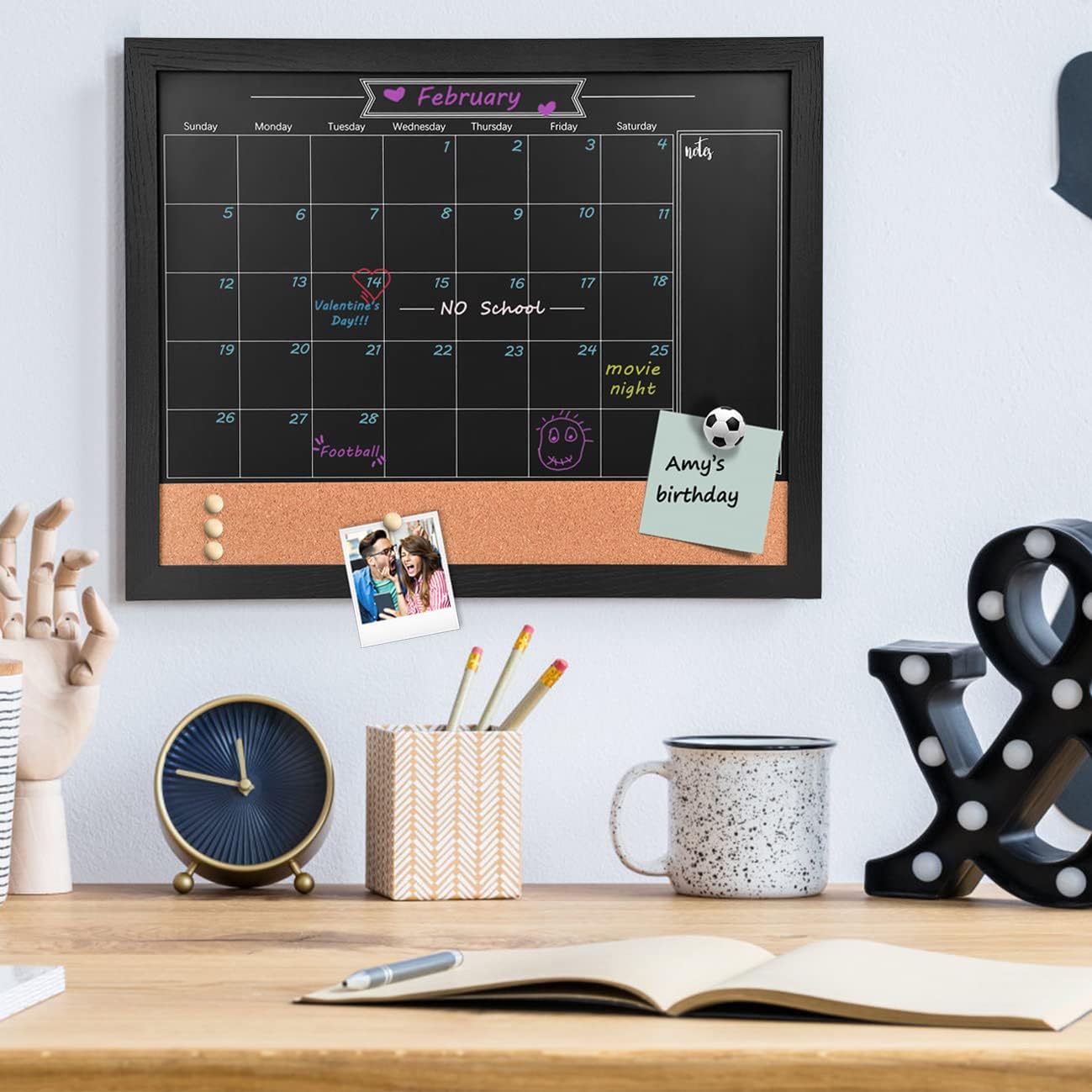 TORASO Magnetic Chalkboard Calendar Corkboard, Small Combination Chalk Board Bulletin Board, 13" x 17",Black Wood Framed Blackboard Calendar Cork Combo Board(ZHHB-BK-3343)