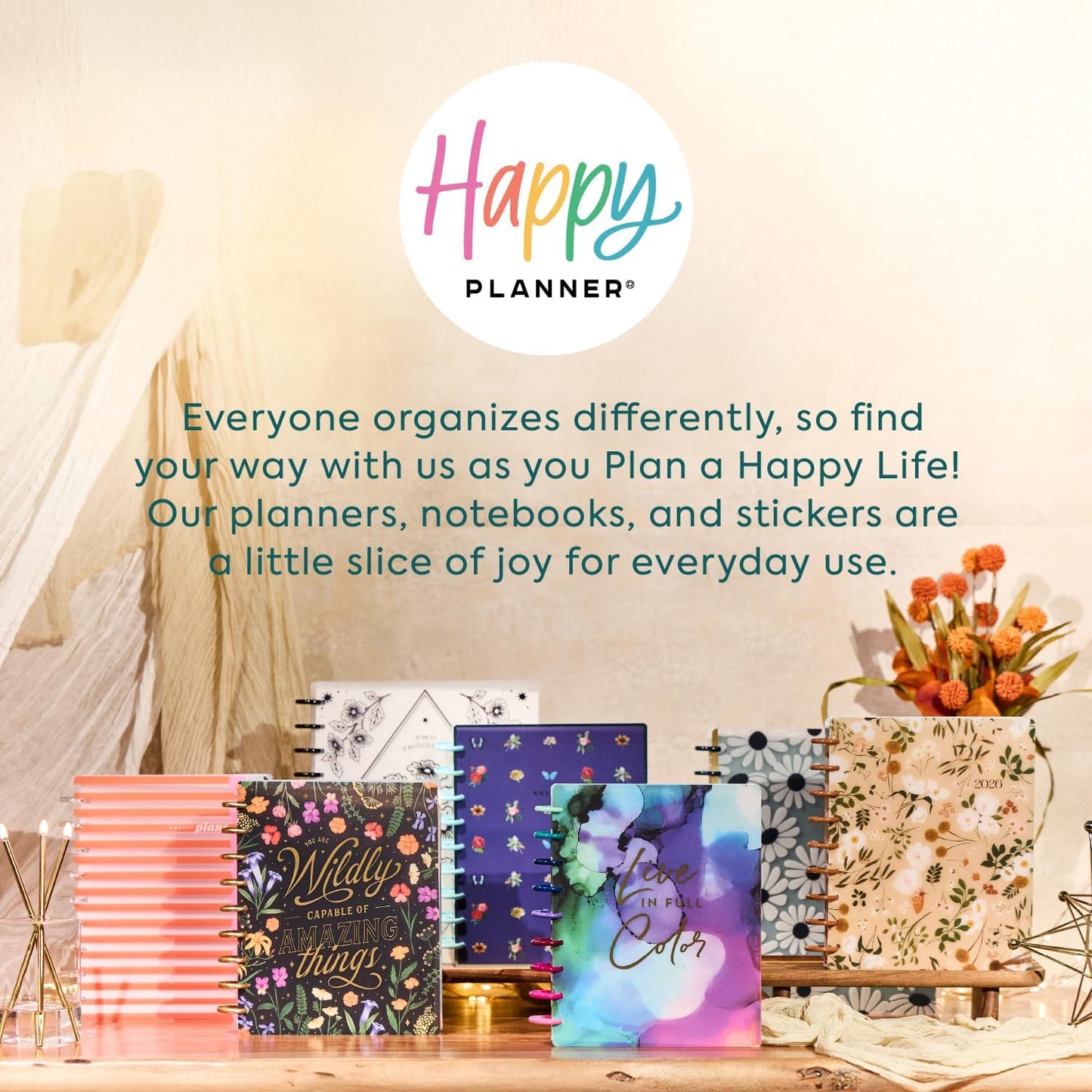 Happy Planner Disc-Bound Planner Jan.–Dec. 2026, Includes 3 Extra Months and 2 Sticker Sheets, Big Size, 8.5" x 11", Horizontal Layout, Modern Texture