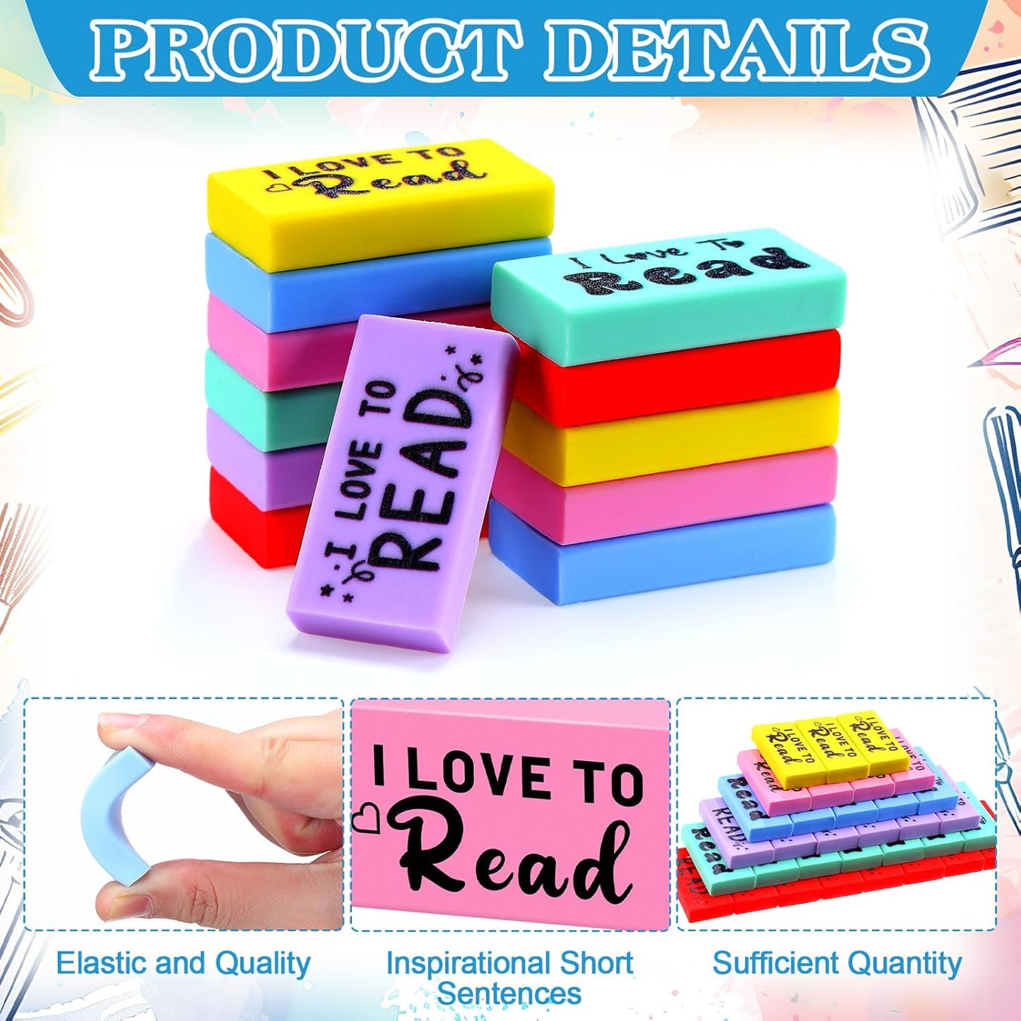 300 Pcs Inspirational Erasers for Kids Back to School Gifts I Love to Read Small Colorful Pencil Erasers for Students Classroom Cute Motivational Gift for Drawing School Office Supplies