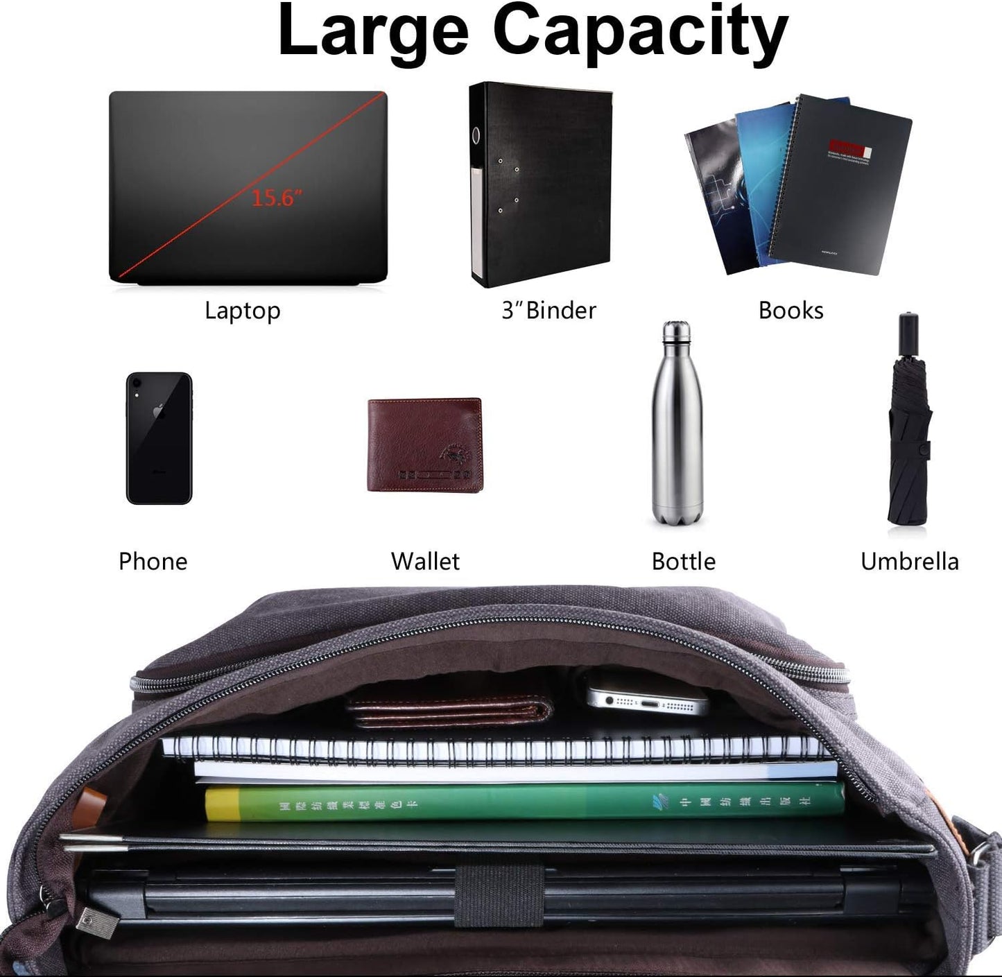 ESTARER Computer Messenger bag Water-resistant Canvas Shoulder Bag 15.6 Inch Laptop for Travel Work, Grey