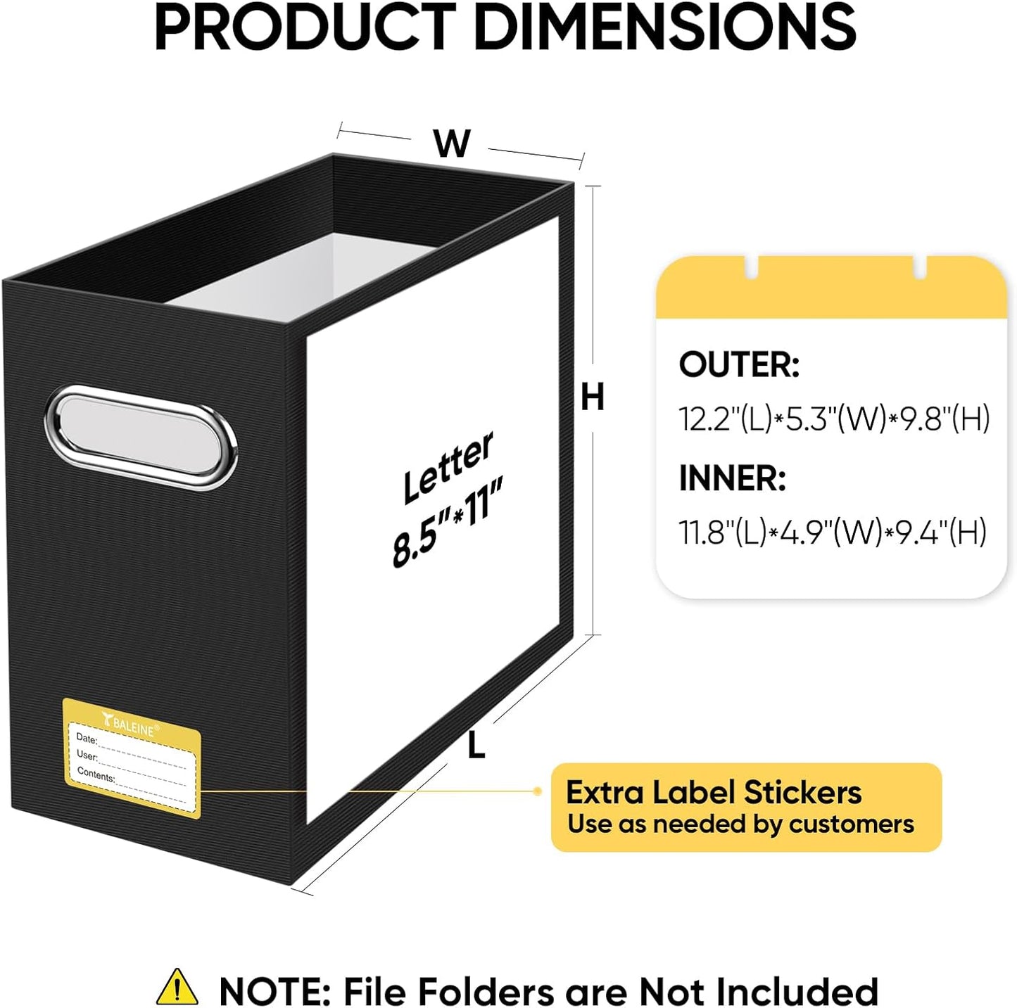 BALEINE File Organizer Box, Cardboard File Folder Organizer with Handle for Letter Size, Portable Collapsible Hanging Filing Box for Home Office Document Storage (4 Pack, Black)