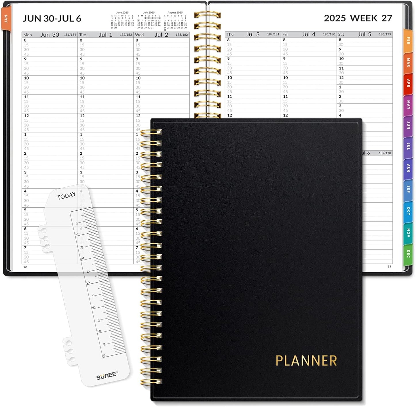 SUNEE 2025-2026 Appointment Book, Quarter-Hourly, Weekly & Monthly - from July 2025 to June 2026, 6.4"x8.3" Academic Planner, Flexible Cover, Note Pages, Bookmark, Spiral Binding, Black