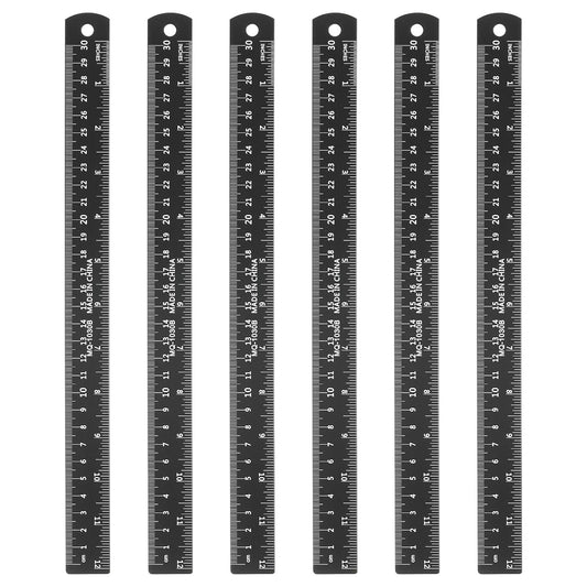 HARFINGTON 6pcs Metal Straight Ruler 30cm Metric SAE Aluminum Alloy Measuring Rulers Scale Tool with Hole for Measure Study Reading Classroom Office, Black