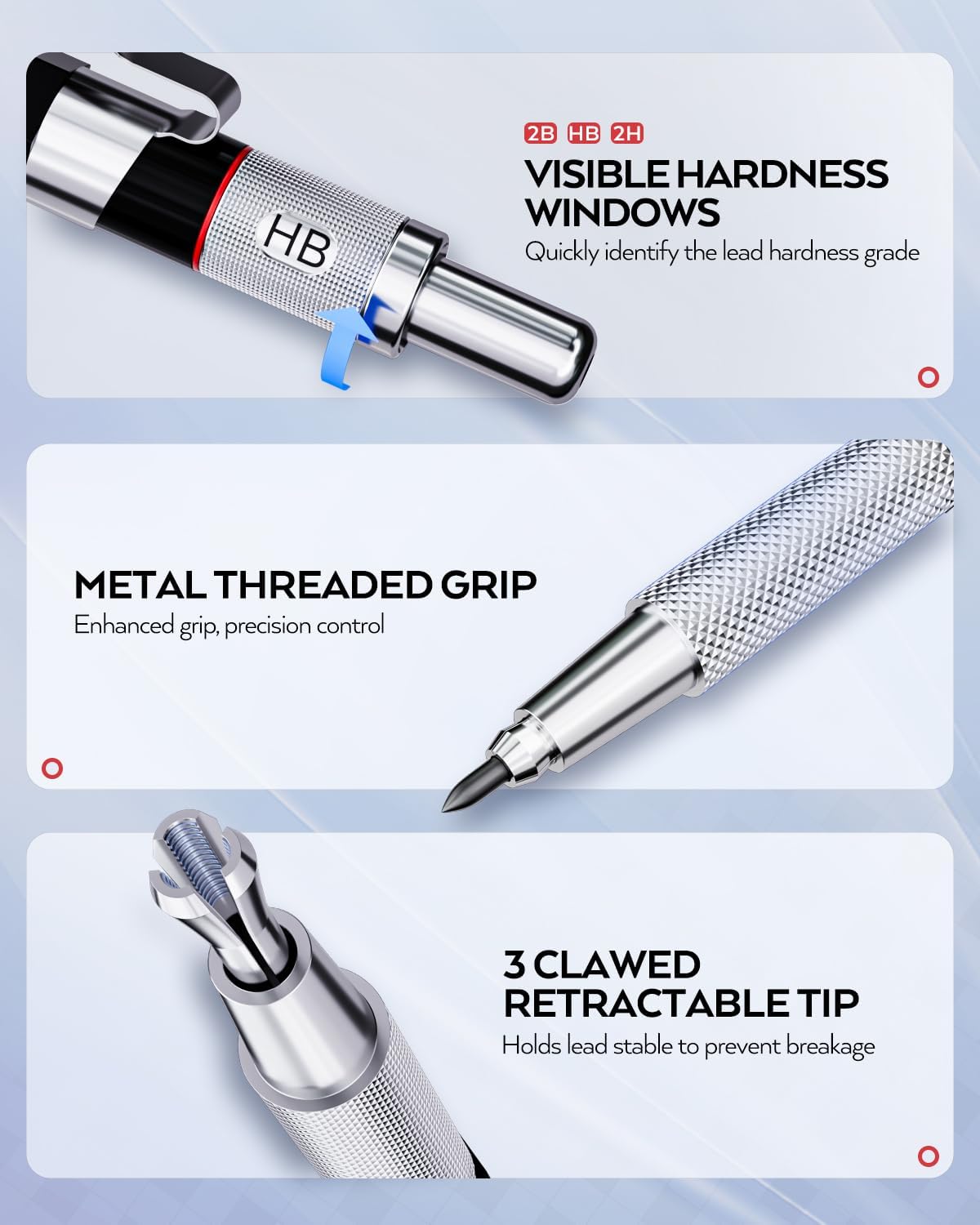 Nicpro 6PCS Art Mechanical Pencil Set, 3PCS Metal Drafting Pencil 0.5 mm & 0.7 mm & 0.9 mm & 3PCS 2mm Graphite Lead Holder (2B HB 2H) For Writing, Sketching Drawing With Lead Refills Case