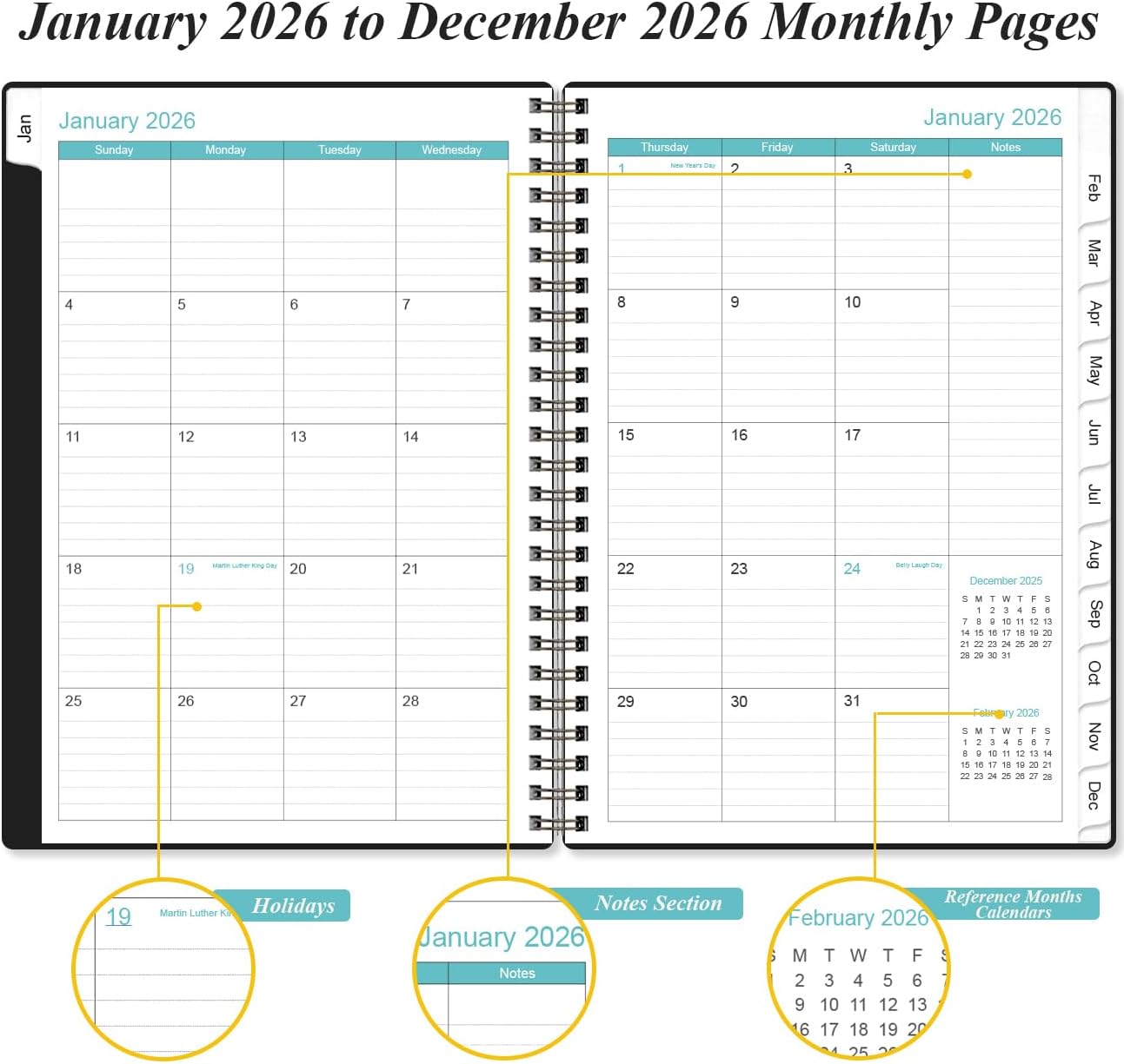 2026 Planner - Planner 2026 from January 2026 - December 2026, Weekly & Monthly Planner Spiral Bound with 12 Monthly Tabs, Inner Pocket, 6.4" x 8.5", Black-E