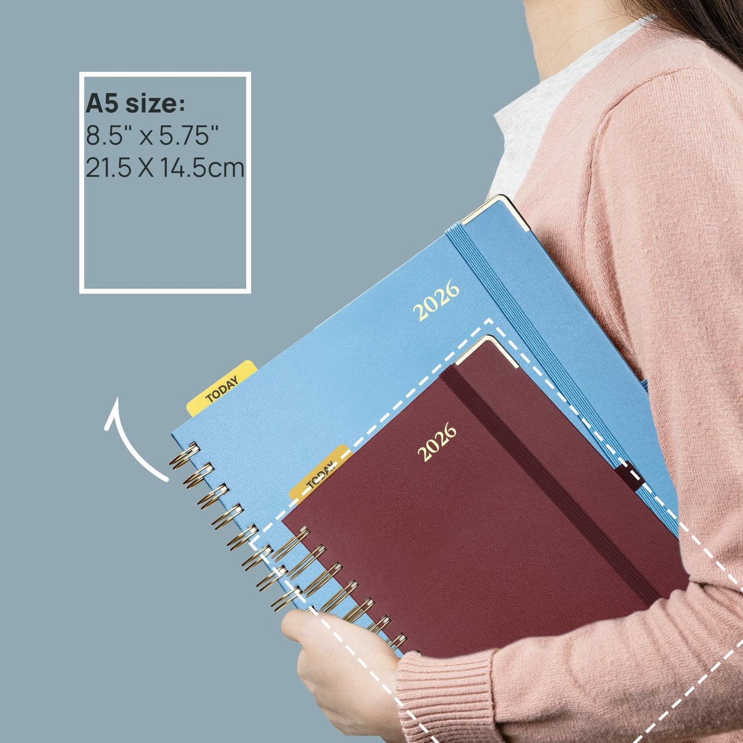 POPRUN 2026 Daily Planner One Page A Day - [8.5" x 5.75" Wire-Bound Hard Cover] Agenda 2026 Hourly Appointment Book with Monthly Calendar, Inner Pocket, Ivory Paper - Violet