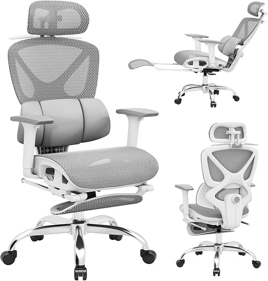 Ergonomic Mesh Office Chair, Home Desk Chair Comfy with Adjustable Lumbar Support 3D Headrest and Armrests, Reclining Big and Tall High Back Computer Gaming Chairs for Man Women, 350lbs Grey