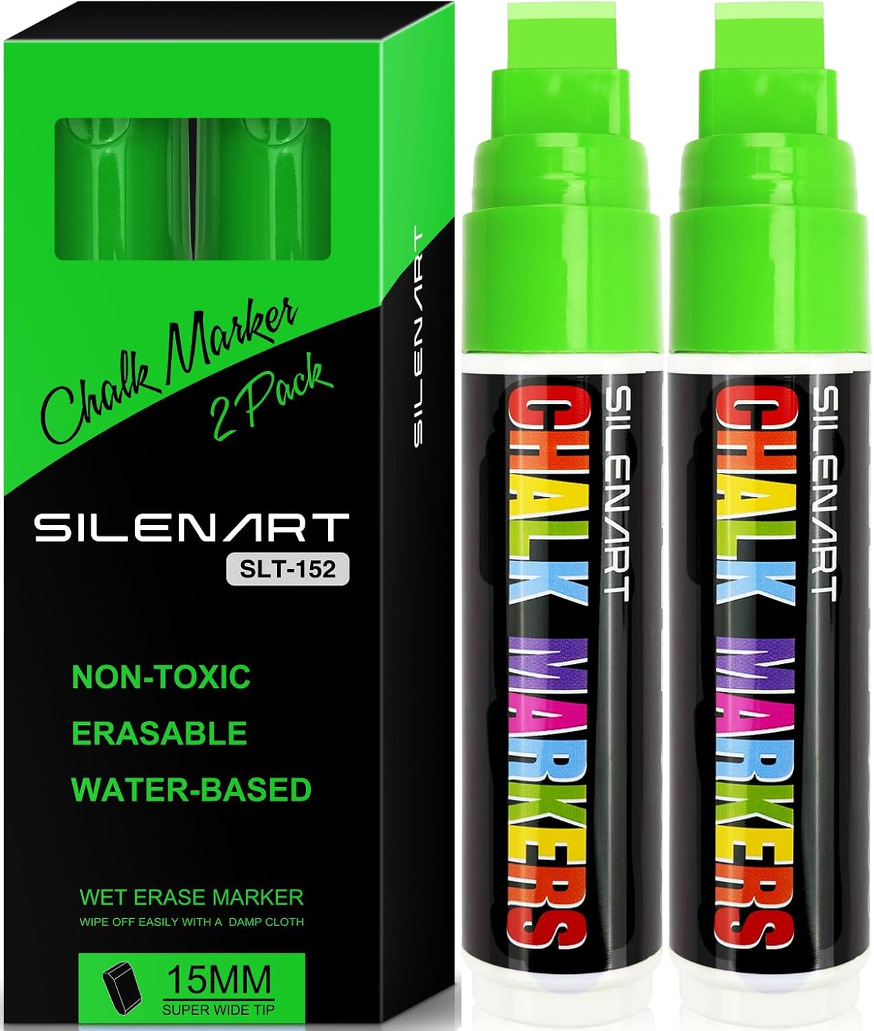 SILENART Thick Chalk Markers Green - 15mm Jumbo Tip Car Marker - Wide Window Chalk Pen for Chalkboard, Window, Glass, Mirror, Blackboard