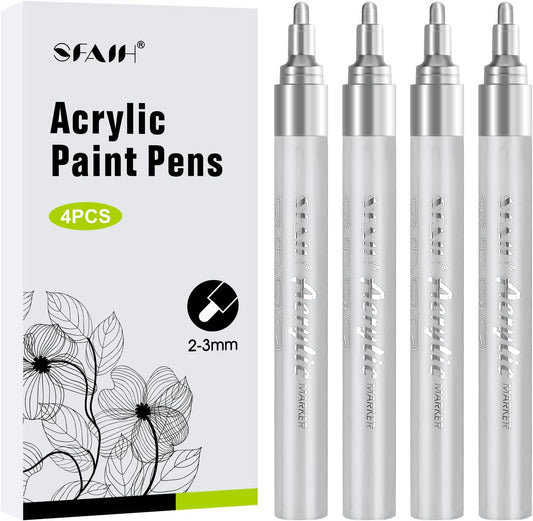 SFAIH Silver Paint Markers Pens - 4 Pack 2-3MM Medium Tip Metallic Acrylic Markers For Holiday Decor, Gift Wrapping, Party Posters, DIY Craft Projects